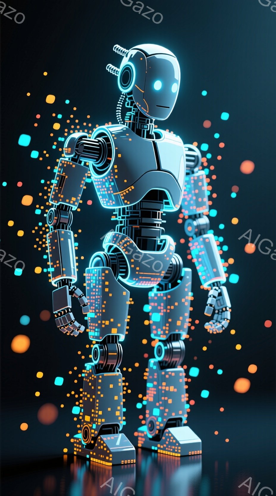 この画像は、デジタル粒子で構成された未来的なロボットを描いています。ロボットは直立した姿勢で、体全体が小さな正方形の光で覆われ、青とオレンジのネオンのような光が印象的です。背景は暗く、ロボットの周りに - AI生成フリー素材
