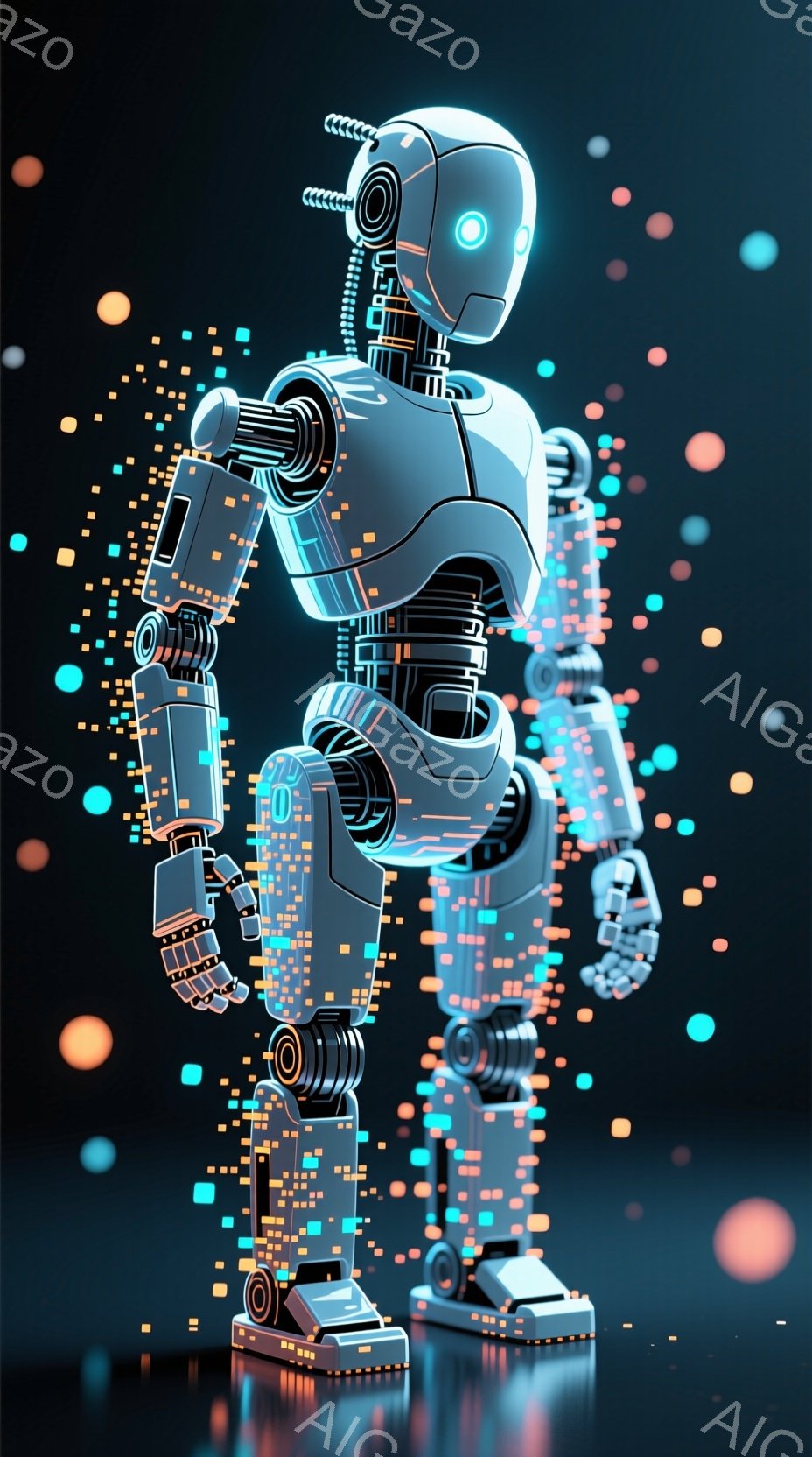 未来的なロボットが、デジタルな粒子で構成されたような外観で立っている。ボディはメタリックな質感で、青とオレンジの光が複雑な回路パターンを照らし出している。背景は暗く、様々な色の光る粒子が散りばめられ、近未来的な雰囲気を作り出している。