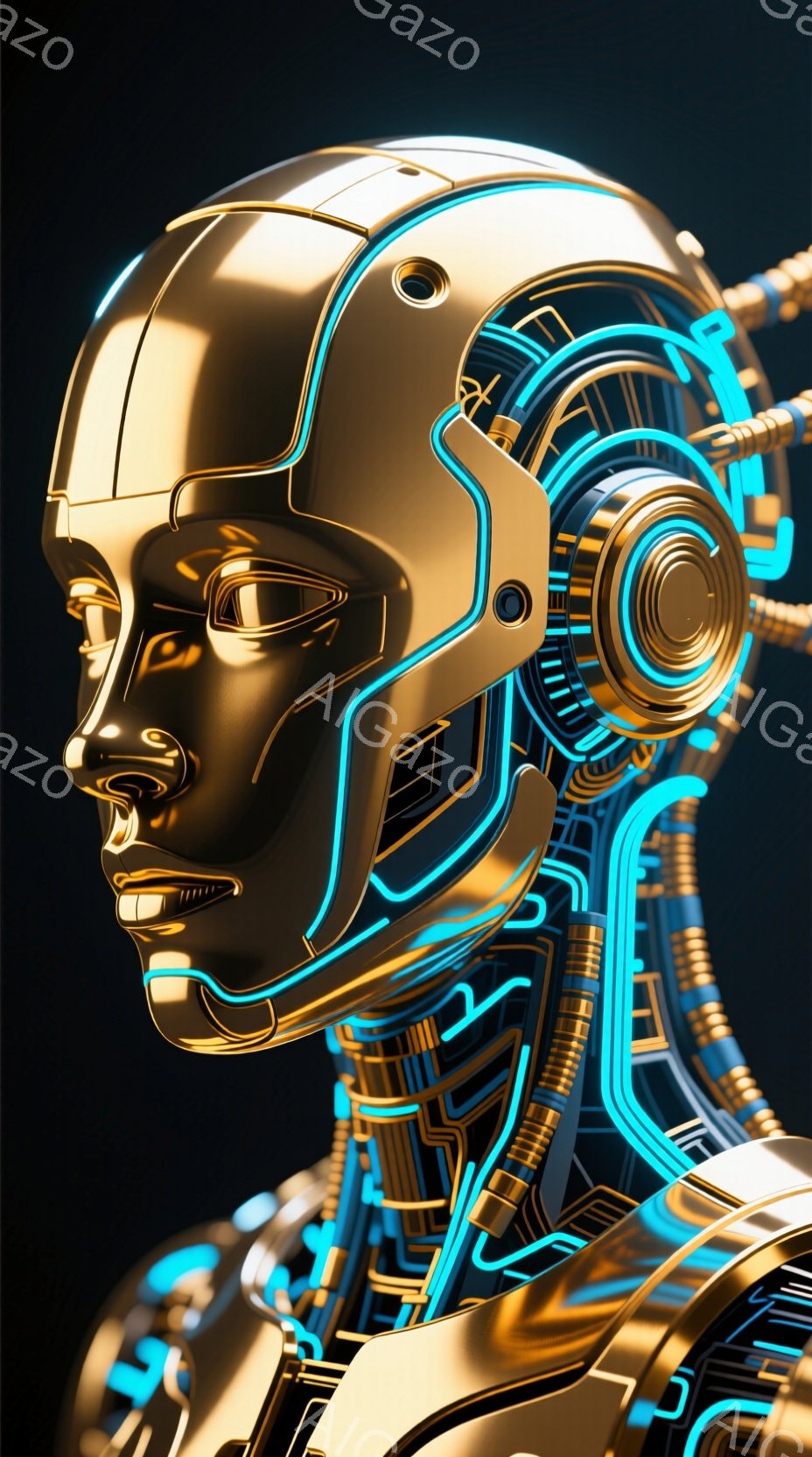 金色のサイバーパンク風の女性ロボットが描かれています。頭部と首の内部には青色の光ファイバーのような配線が複雑に張り巡らされ、未来的な雰囲気を醸し出しています。背景は暗く、ロボットの金属的な質感と鮮やか - AI生成フリー素材