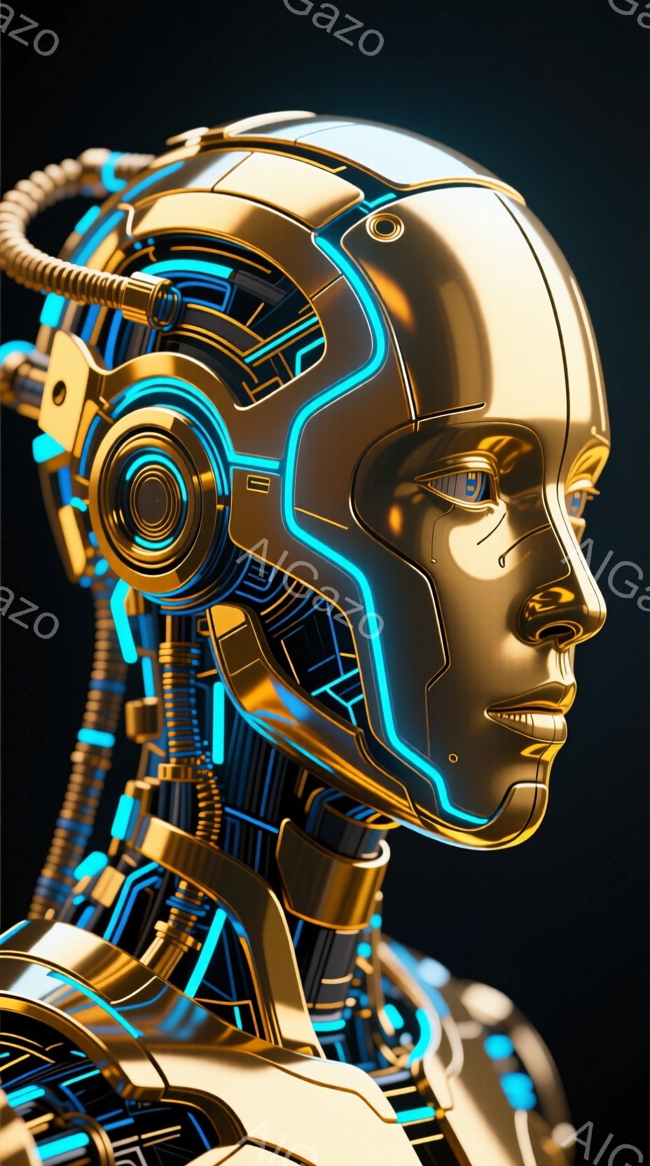 画像は、金色の金属製の頭部を捉えており、複雑な青い発光ラインが回路のように頭部全体に組み込まれています。顔の特徴は人間的でありながら機械的で、目だけが鮮やかな青色をしています。背景は暗く、頭部が際立っ - AI生成フリー素材