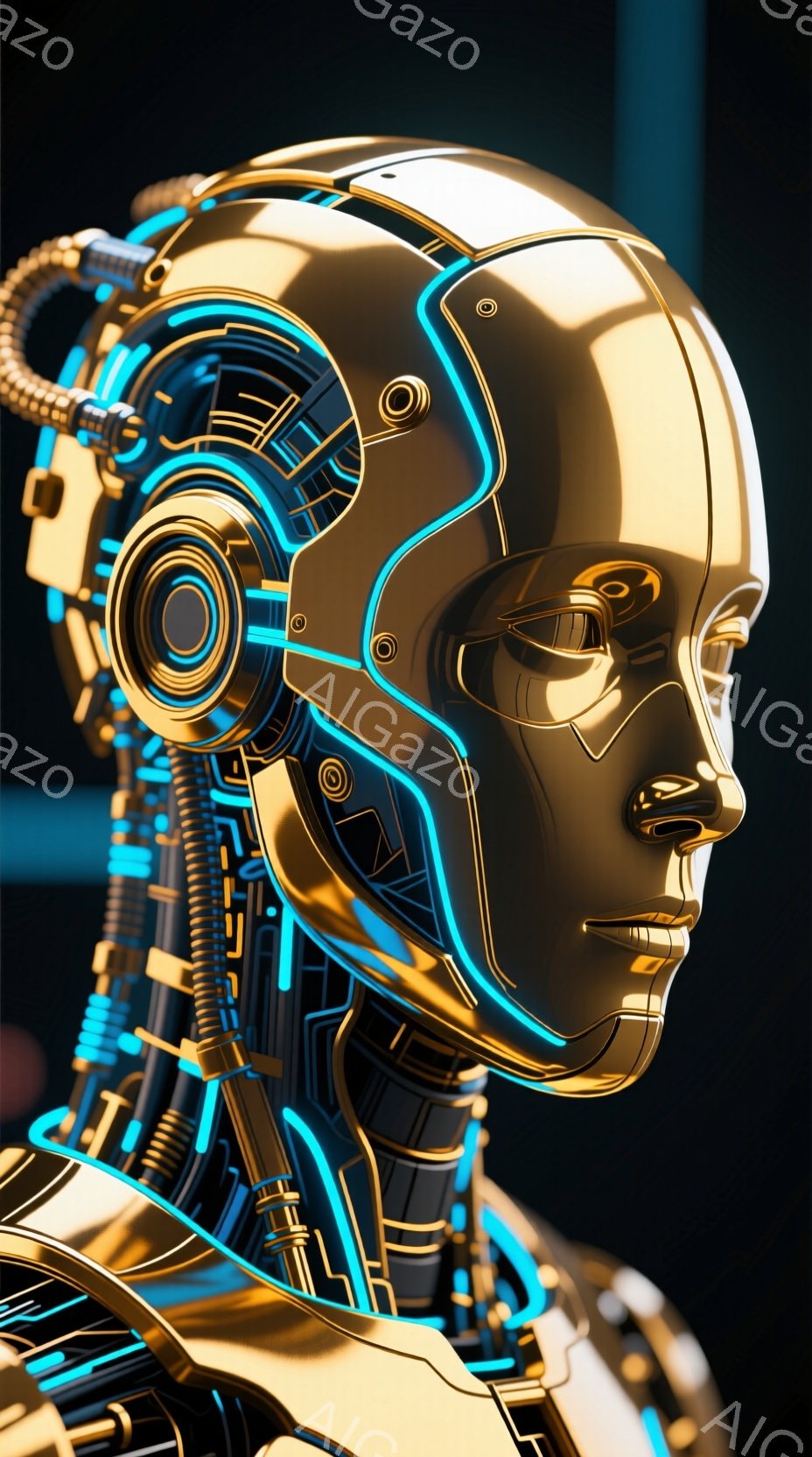 金色の機械的な頭部が写っている。青い発光線が頭部の輪郭や内部構造を強調し、未来的な印象を与える。背景は暗く、頭部が際立っており、サイバーパンクやSF作品に出てくるキャラクターのような雰囲気がある。