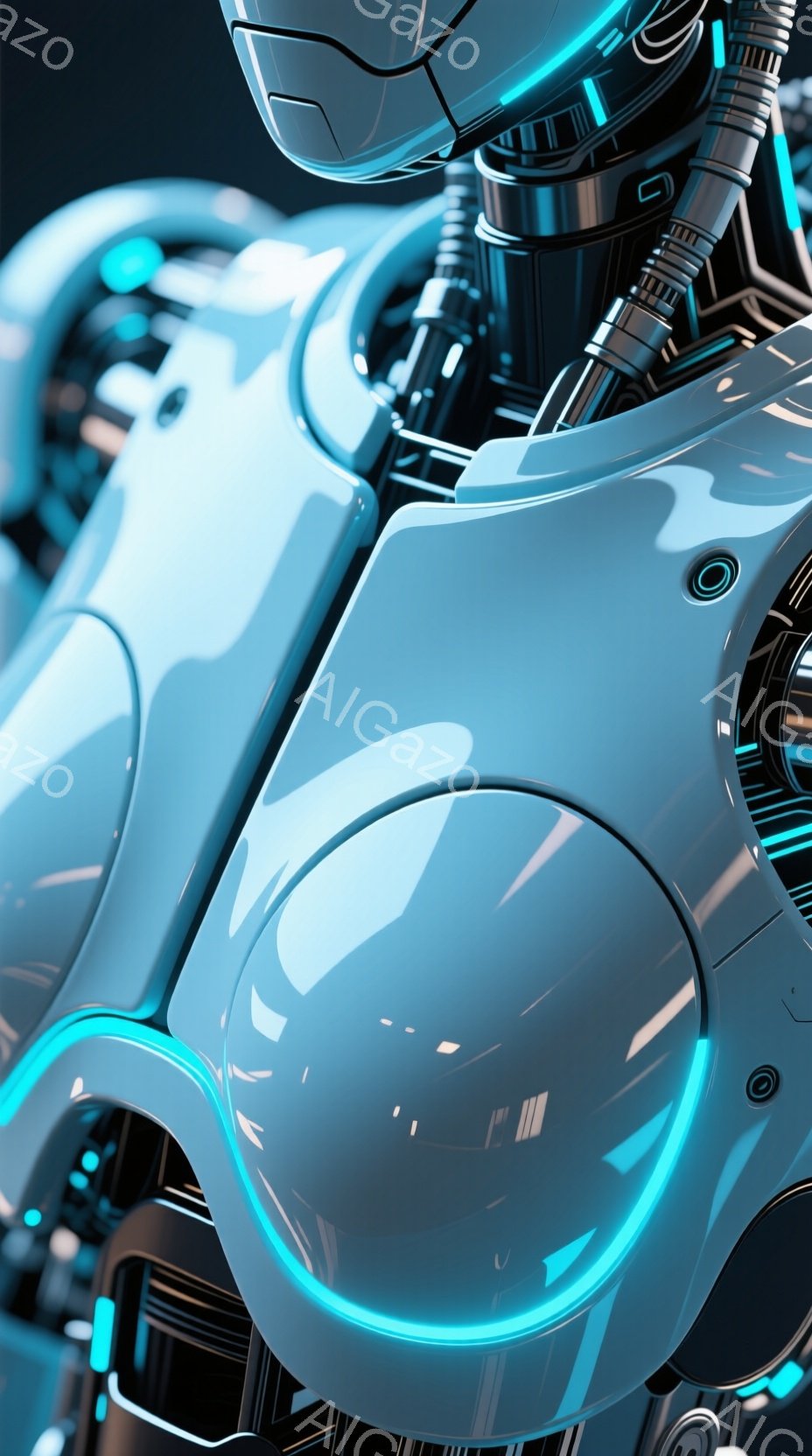 この画像は、未来的なサイバーパンク風のスーツを着た人物の一部を捉えています。 スーツは光沢のある水色で、鮮やかな青色の発光ラインが幾何学的なパターンで装飾されています。 全体的に、高度な技術と洗練され - AI生成フリー素材