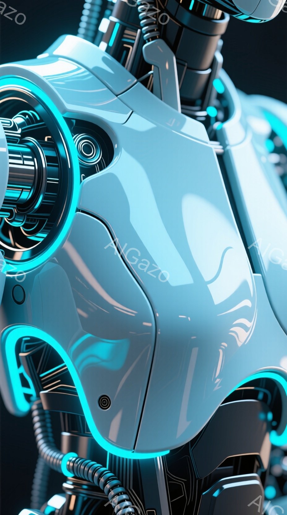 白を基調とした、サイバーパンク風のロボットの胸部と肩部分が描かれている。青い発光するラインが、ロボットの構造を強調し、メカニカルなディテールが複雑に組み合わさっている。背景は暗く、ロボットの未来的なシルエットが際立っている。