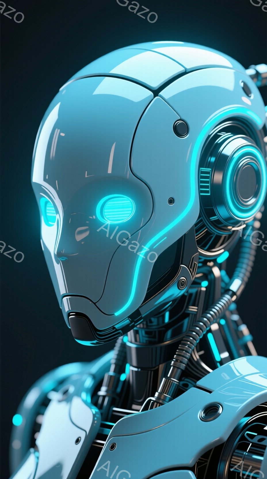 この画像は、未来的なロボットのヘッドショットです。滑らかな白い装甲に、鮮やかな青色の発光ラインが走り、メカニカルな構造が強調されています。背景は暗く、ロボットの未来的なシルエットと発光ラインが際立っています。