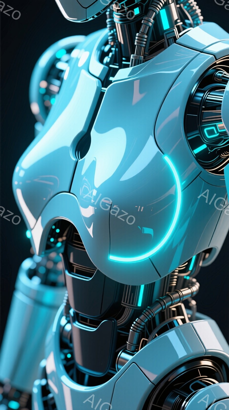 この画像は、未来的なロボットの胸部と肩部分をクローズアップしたものです。白く光沢のある装甲に、青色の発光するラインが走り、メカニカルな内部構造が垣間見えます。全体的に冷たく、技術的な雰囲気が漂い、近未来的なSF作品の一場面を彷彿とさせます。