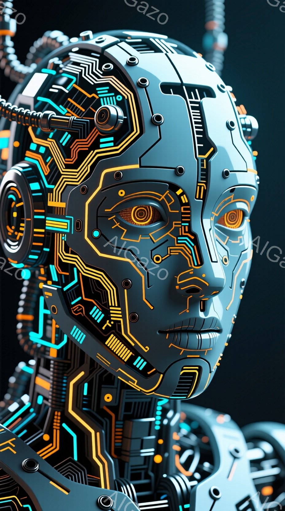 この画像は、複雑な回路と光るラインで構成された未来的なロボットの顔のクローズアップです。顔は銀色を基調とし、青とオレンジのラインがテクノロジーの美しさを強調しています。背景は暗く、顔のディテールを際立 - AI生成フリー素材