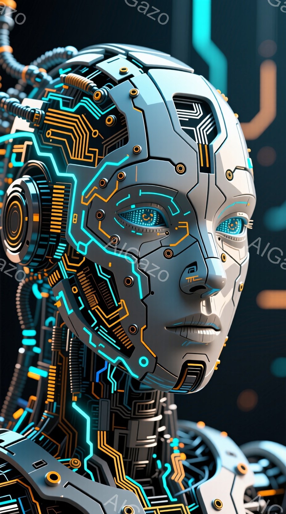 この画像は、複雑な回路と発光する青いラインで構成された、未来的なロボットの頭部です。顔は人間の顔の形を模倣していますが、目は光る青色で、表情はほとんどありません。背景は暗く、回路の一部が伸びており、SF的な雰囲気を醸し出しています。