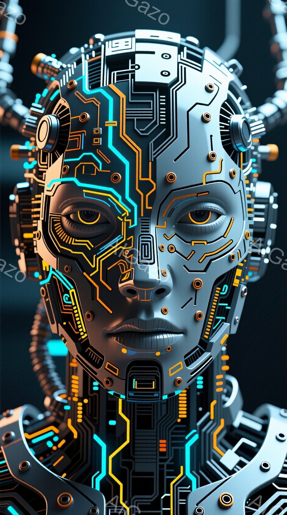 この画像は、複雑な回路と光ファイバーで構成された女性の顔のクローズアップです。顔は金属的な質感で、未来的なテクノロジーを想起させ、目に青い光が灯っています。背景は暗く、回路の光が際立っており、サイバー - AI生成フリー素材