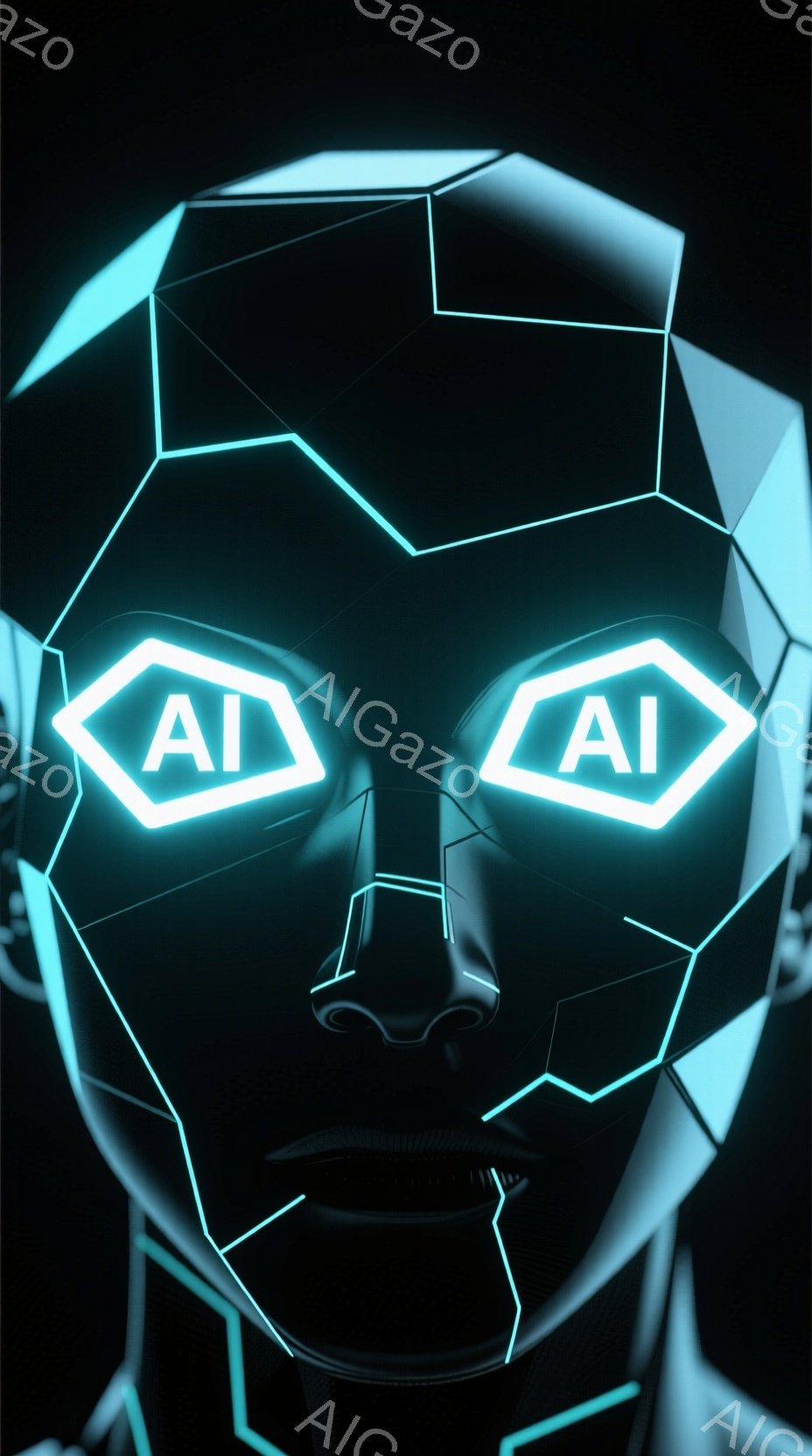 この画像は、未来的なデザインの顔のクローズアップです。顔は幾何学的なポリゴンで構成され、青色の光で縁取られています。目は明るく光る「AI」という文字で表示されており、全体的にテクノロジーと人工知能を想起させる雰囲気です。