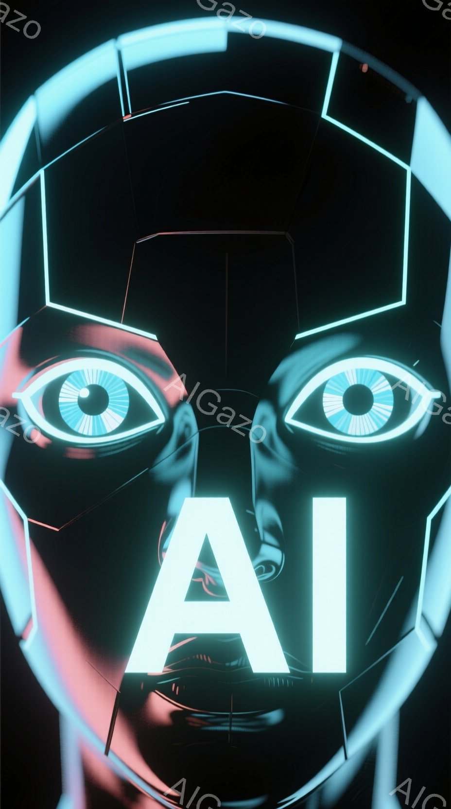 この画像は、青い光るラインで構成されたサイバーパンク風の女性の顔の一部を捉えており、大きな青い目が印象的です。顔の周りには光の筋が走り、未来的な雰囲気を醸し出しています。前景には白色で光る「AI」の文 - AI生成フリー素材