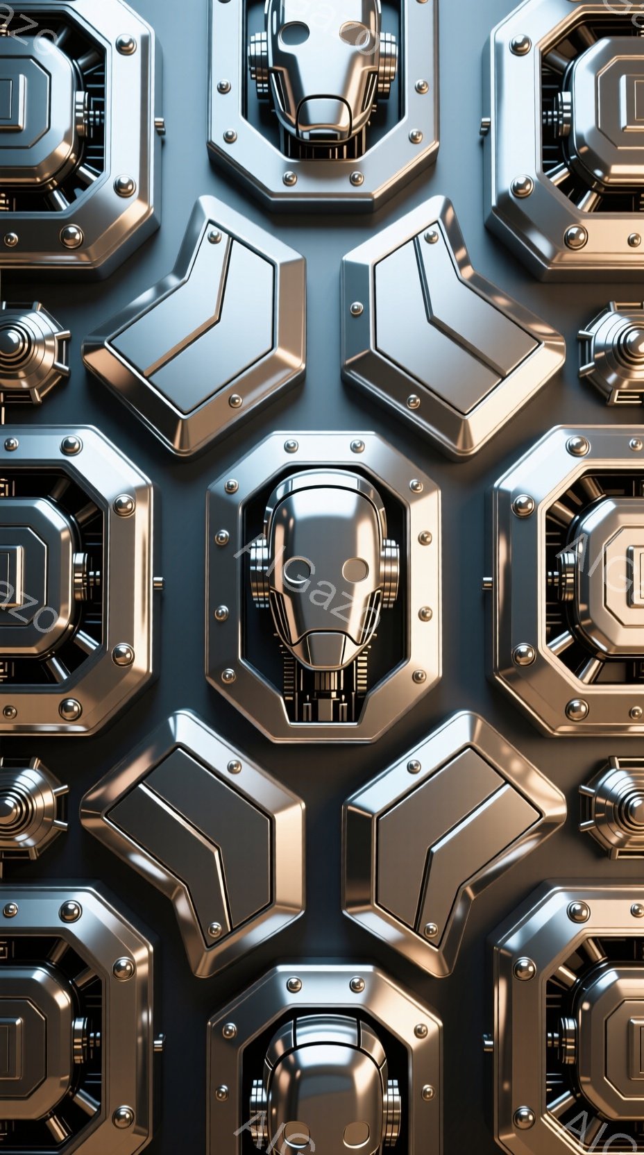 この画像は、未来的な装甲パネルで構成された壁の一部のクローズアップです。各パネルは複雑な幾何学模様で構成され、中央には小さな円形の突起と、より大きな多角形の凹みがあります。全体的に、冷たく、無機質で、高度な技術を暗示する雰囲気です。