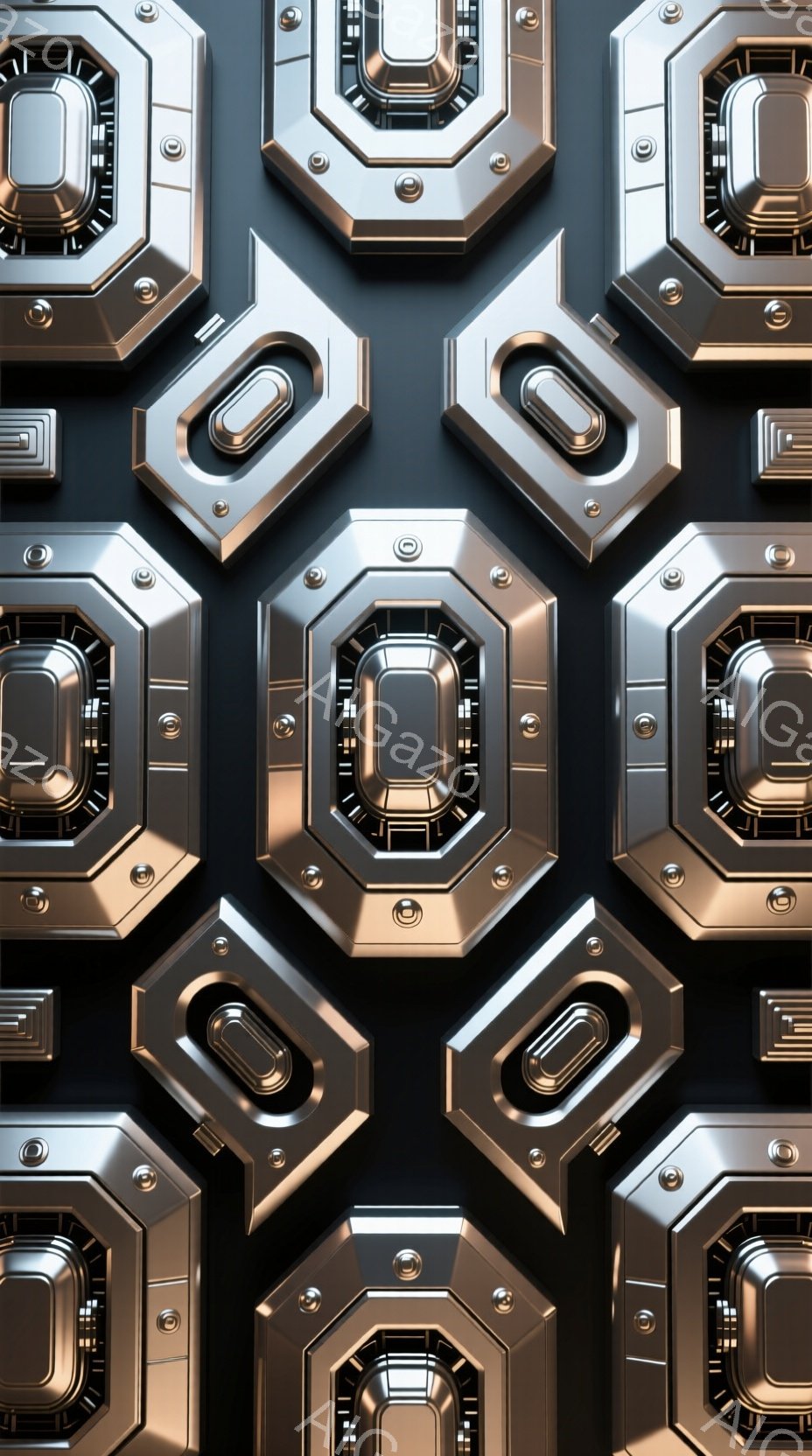 この画像は、金属製の六角形パネルが規則的に並んだテクスチャを示しています。パネルは、中央に円筒形の凹みがあり、全体的に未来的な工業デザインとなっています。黒色の背景に銀色のパネルがコントラストをなし、メカニカルでクールな印象を与えます。