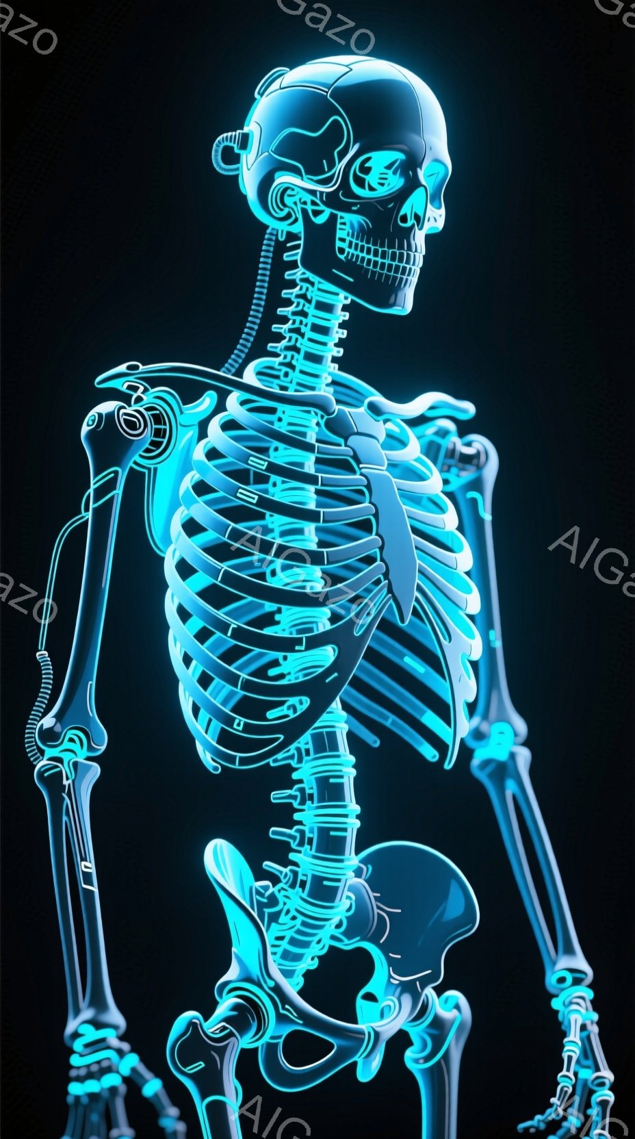 この画像は、青色の発光する骨格の全身像です。骨格は正面を向き、直立した姿勢で、まるでレントゲン写真のように内部構造が詳細に描かれています。背景は暗く、骨格の青い光が際立っており、医療的な雰囲気を醸し出しています。