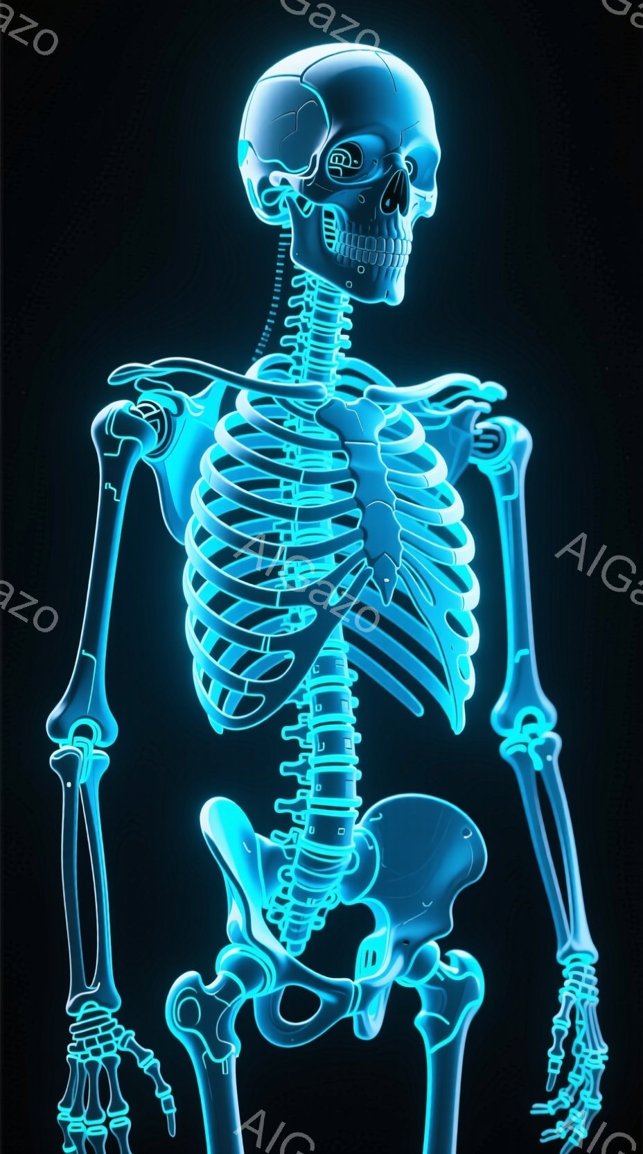 この画像は、青く光る人間の骨格を正面から捉えたものです。骨格は全身を覆い、立っている姿勢で、細部まで鮮明に描かれています。背景は暗く、骨格の明るい光が際立っており、解剖学的研究や医療関連のイラストレーションとして適しています。