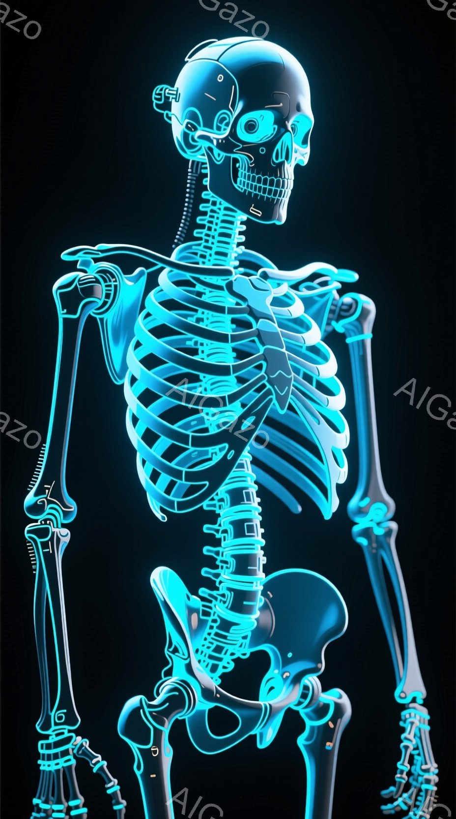 この画像は、鮮やかな青色の骨格図が描かれています。骨格は全身を覆い、解剖学的な正確さを保ちつつ、未来的な雰囲気を醸し出しています。背景は暗く、骨格が際立ち、まるで科学的な展示や医療的なイラストレーションのようです。