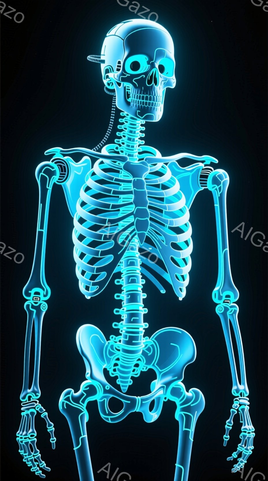この画像は、青く光る人間の骨格の全身像です。骨格は正面を向き、直立した姿勢で、手のひらは前に向けられています。背景は真っ黒で、骨格が際立って見えます。
