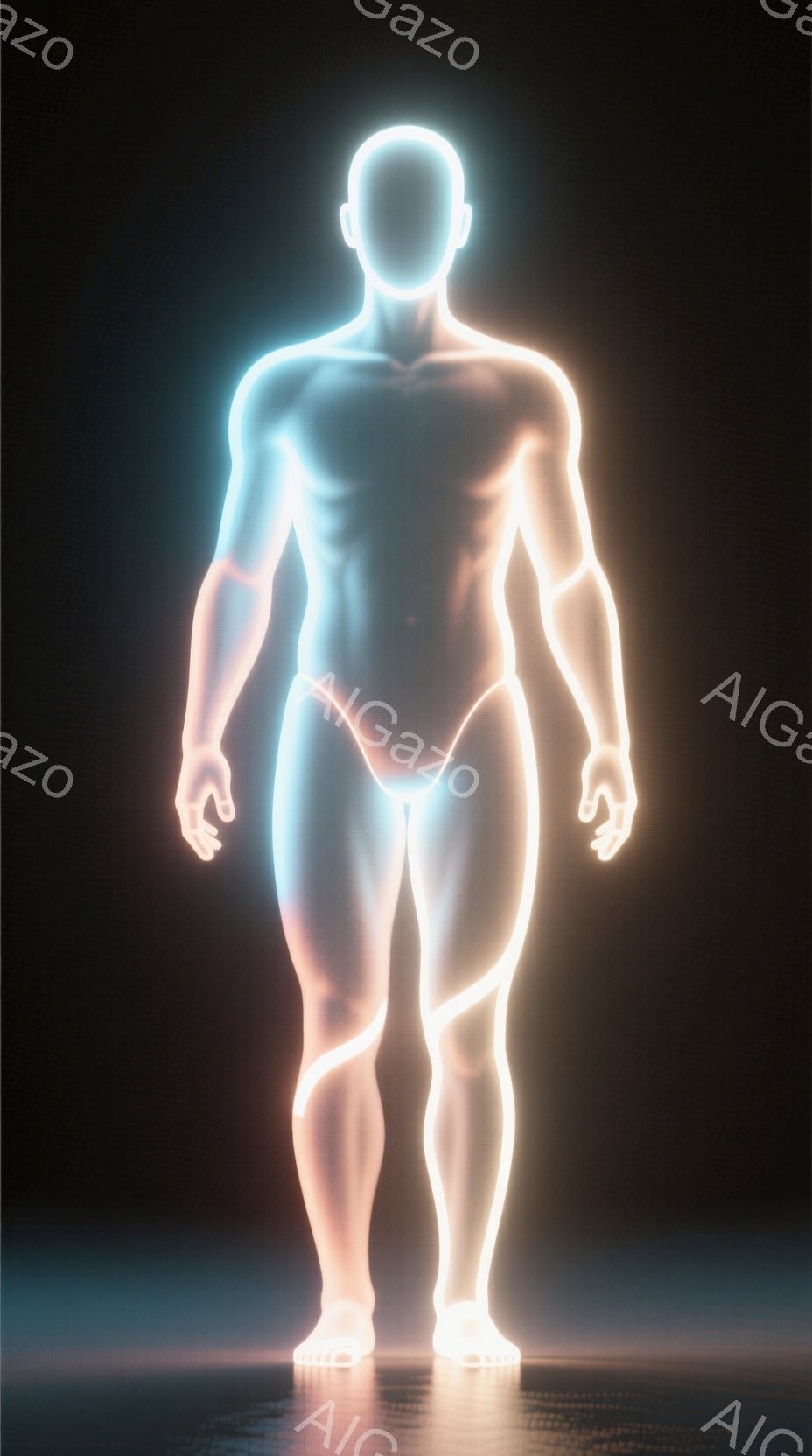 鮮やかなネオンライトで描かれた人間のシルエットが中央に配置されています。筋肉のラインが強調され、まるでエネルギー体のように発光しています。背景は暗く、わずかに光る床がシルエットを際立たせており、未来的で神秘的な雰囲気を醸し出しています。