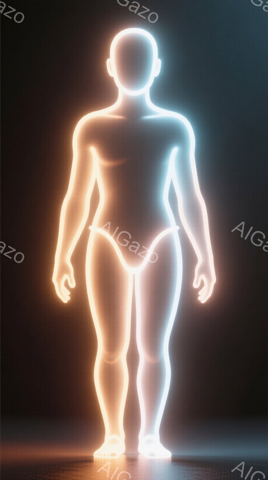 鮮やかなネオンライトで描かれた人間のシルエットが中央に立っている。身体の輪郭はオレンジと青のグラデーションで表現され、未来的な印象を与える。暗い背景に浮かび上がる姿は、まるでエネルギー体のように見え、 - AI生成フリー素材