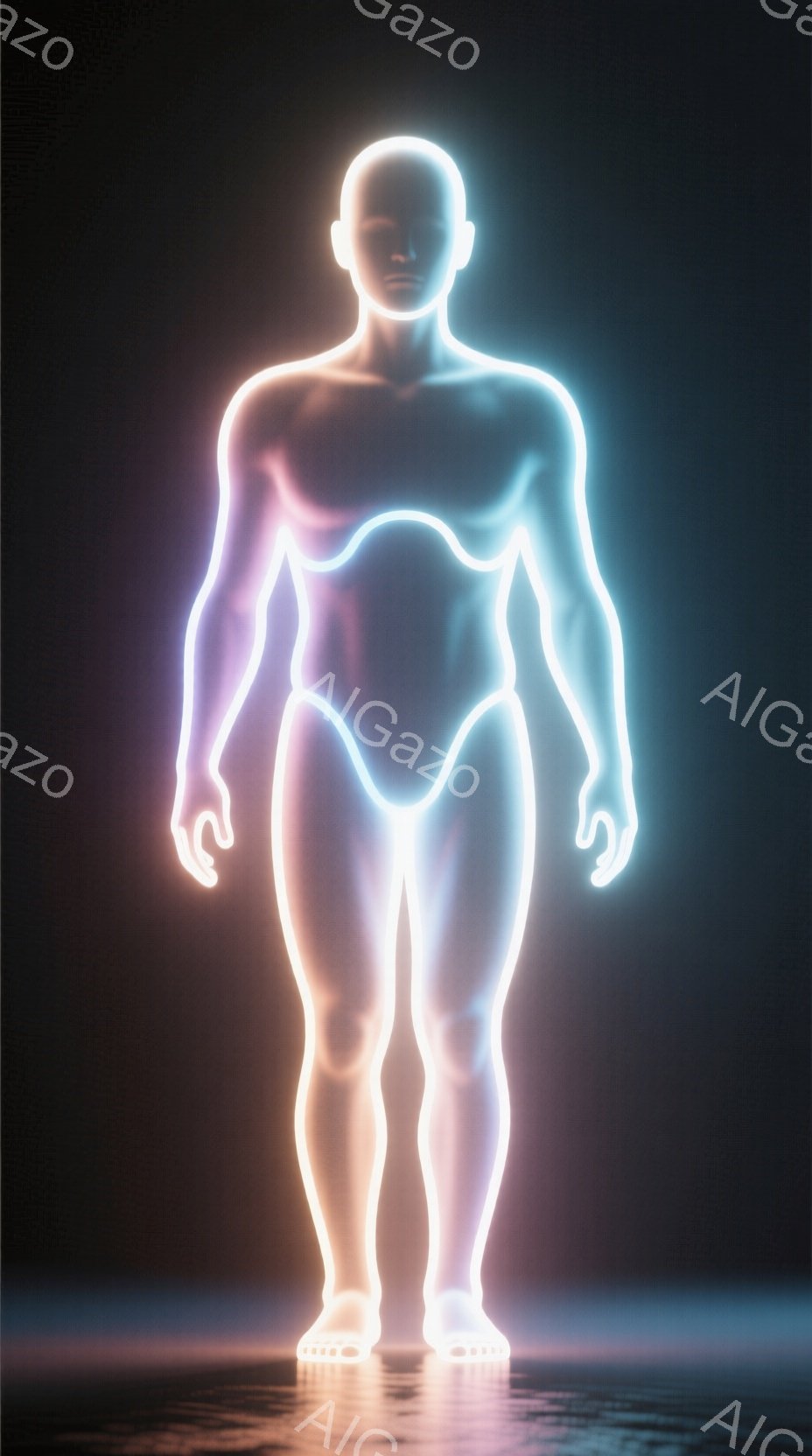 光る線で構成された人体が描かれており、まるでネオンライトのような鮮やかな輝きを放っている。人物は正面を向き、両腕を下げて直立しており、表情は判別できない。背景は暗く、人物の光が床に反射し、未来的な雰囲 - AI生成フリー素材