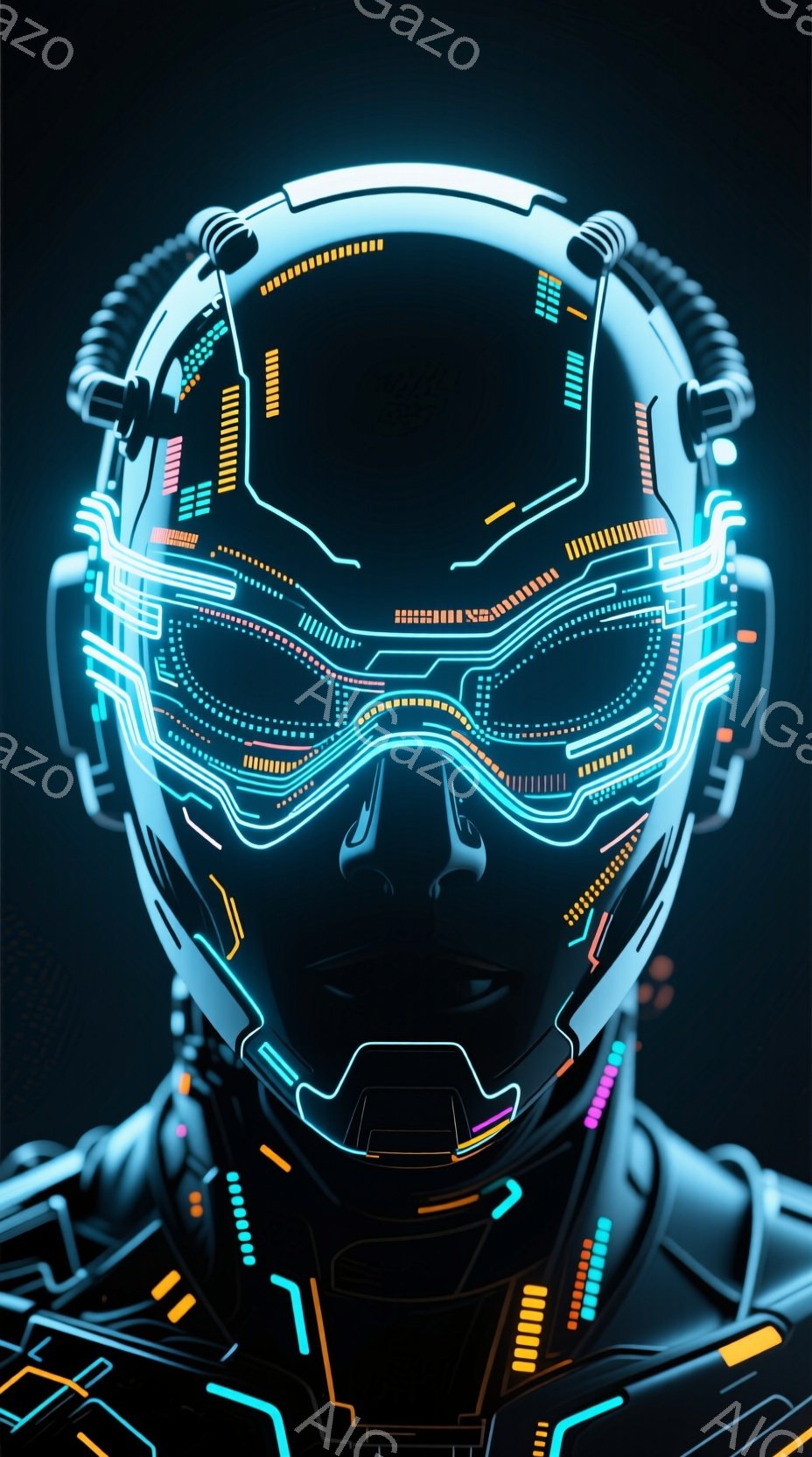 この画像は、未来的な光るヘルメットを装着した人物の胸より上を捉えています。ヘルメットは黒を基調とし、青い発光線が複雑な回路パターンを描き、顔の部分は光るバイザーで覆われています。背景は暗く、ヘルメットの鮮やかな光が際立ち、サイバーパンクや近未来的な雰囲気を醸し出しています。