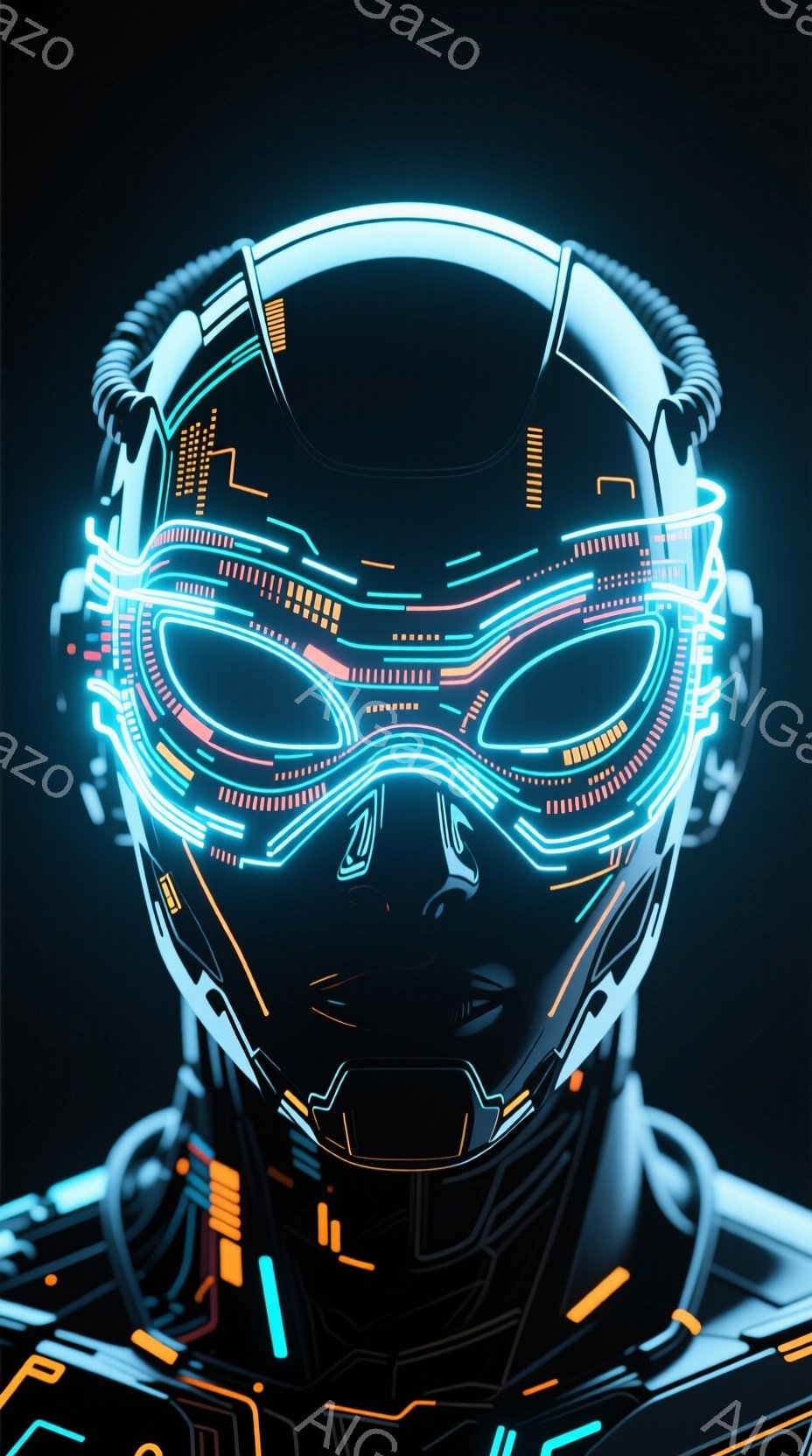 この画像は、未来的なデザインのヘルメットを装着した人物の胸より上を捉えたものです。ヘルメットはネオンブルーとオレンジのラインで装飾され、光るラインが複雑な回路パターンを描き、近未来的な雰囲気を醸し出しています。背景は暗く、ヘルメットの鮮やかな光が際立っています。