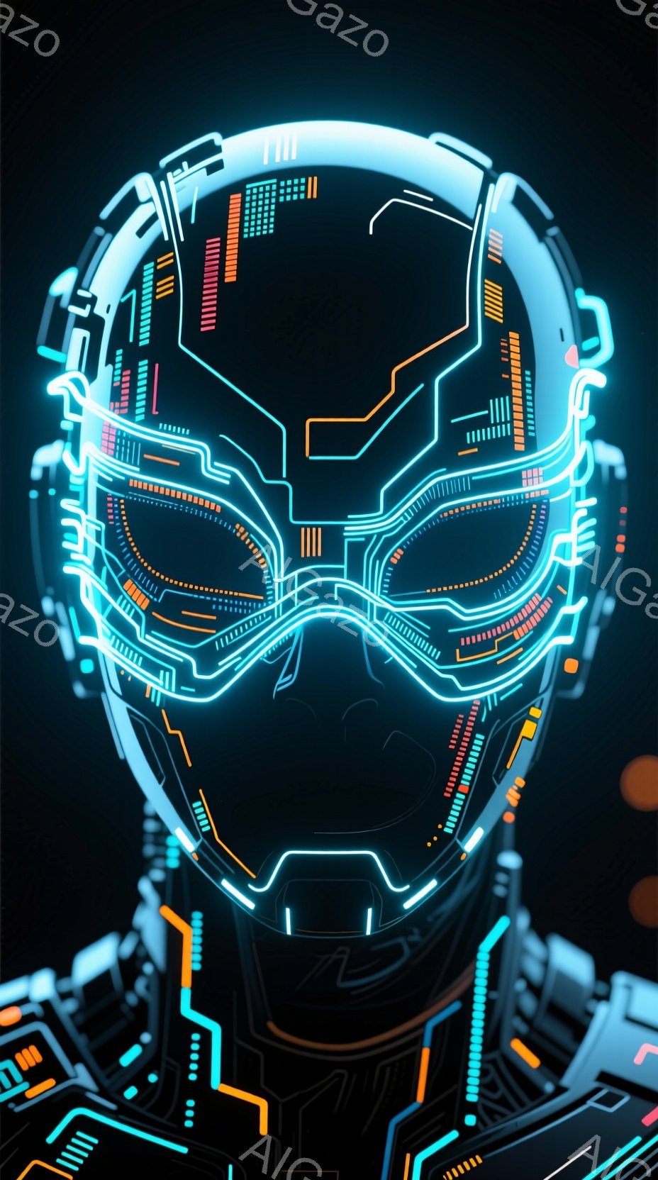 この画像は、暗い背景に浮かぶ、未来的な光のヘルメットのクローズアップです。ヘルメットは、青とオレンジのネオンライトで構成され、複雑な回路と幾何学的なデザインが特徴的です。全体的に、テクノロジー、デジタ - AI生成フリー素材
