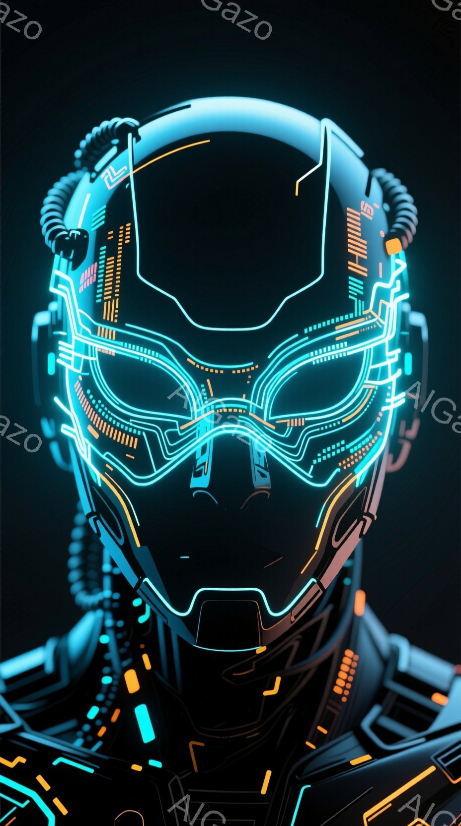 この画像は、未来的な光るラインで構成されたヘルメットのクローズアップです。鮮やかな青とオレンジのネオンライトが、複雑な回路や幾何学模様を描き出し、サイバーパンク的な雰囲気を醸し出しています。暗い背景が、ヘルメットの光を強調し、近未来的なテクノロジーの印象を与えます。