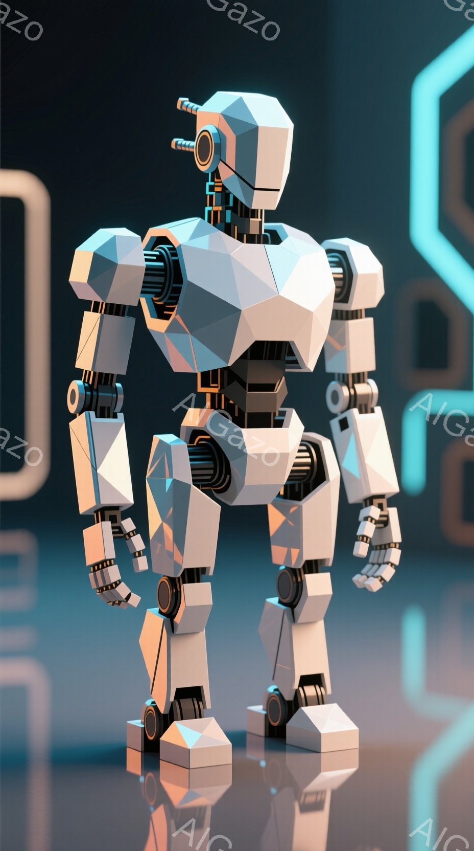 白いポリゴナルロボットが映っています。関節部に黒い円筒形のディテールがあり、未来的なデザインです。背景は青と紫の光る幾何学模様で、反射する床面がロボットをさらに際立たせています。 - AI生成フリー素材