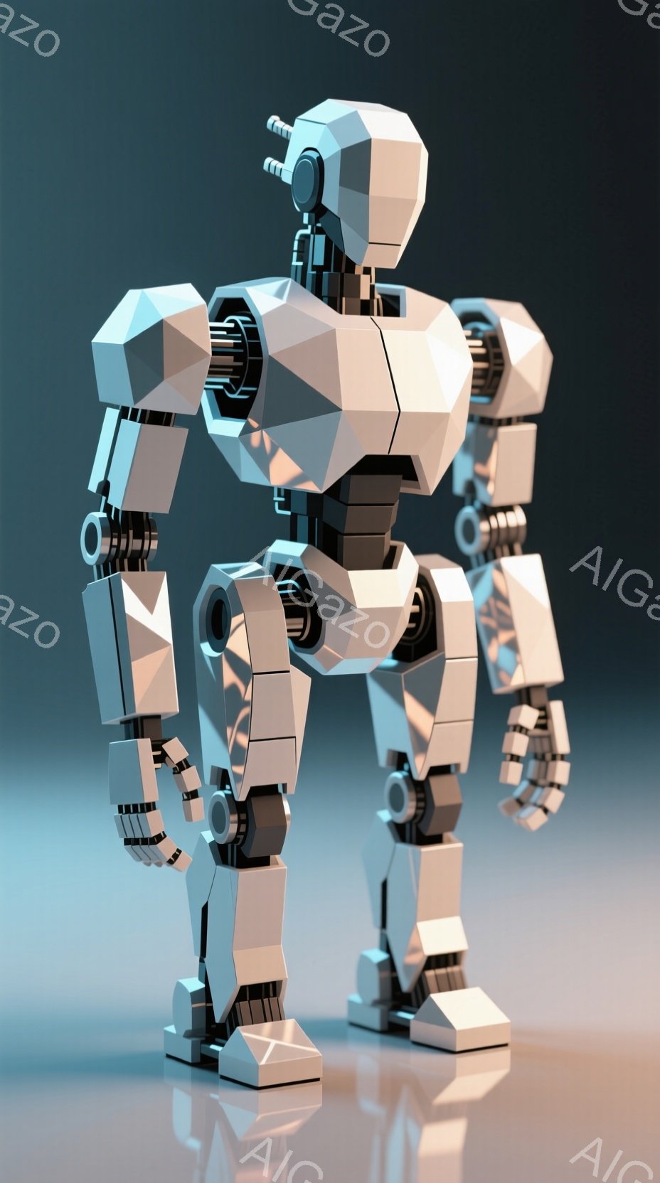 白を基調とした、未来的なロボットが描かれています。ロボットは幾何学的な形状で構成されており、関節部分に黒いアクセントが加えられています。背景はぼやけた青色のグラデーションで、ロボットがスポットライトを浴びているような印象を与えます。