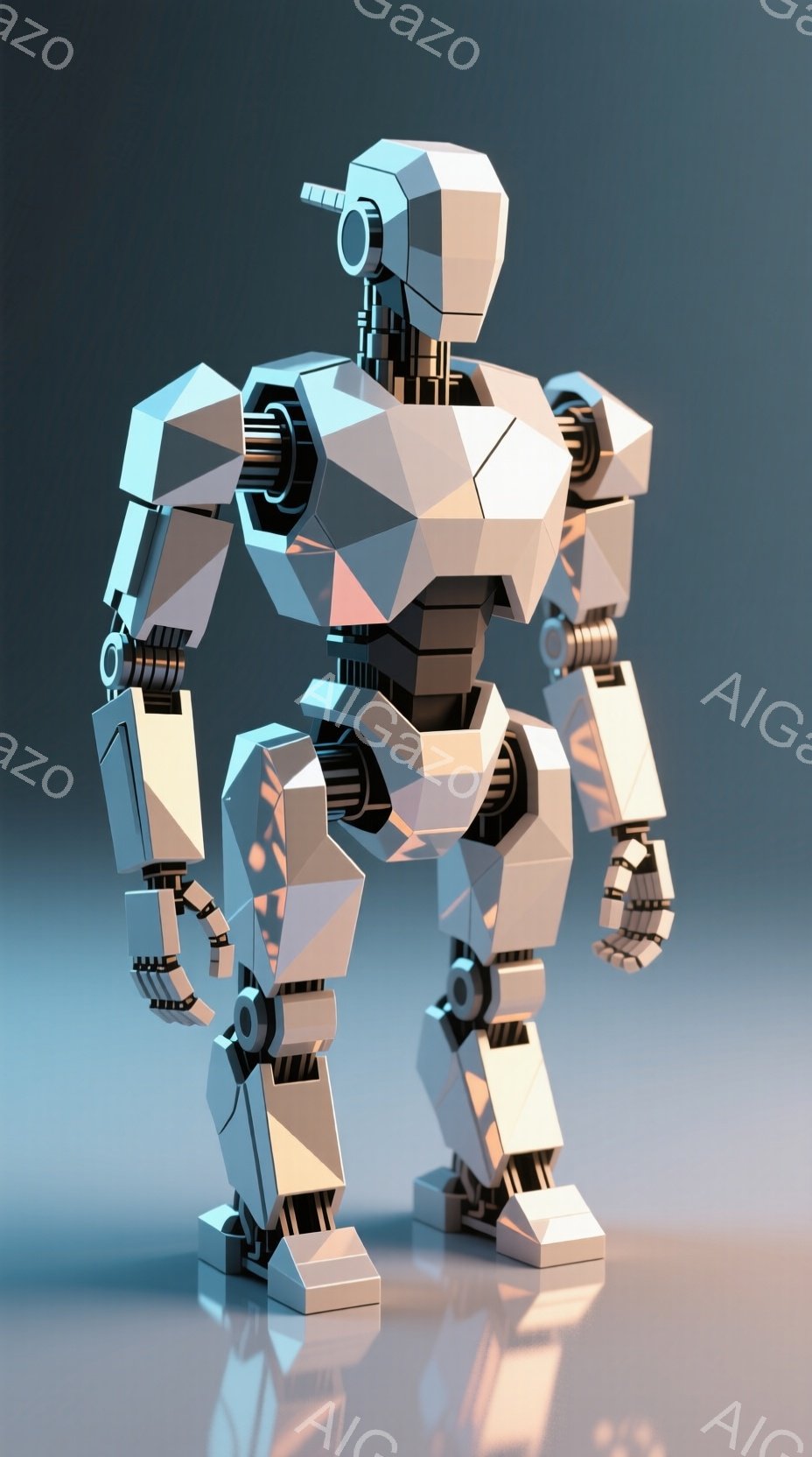 この画像は、幾何学的な形状で構成されたロボットの背面図です。ロボットは白く、関節部分に黒いディテールがアクセントとして加えられています。背景はグラデーションのかかった灰色で、床面には光沢のある反射が見られ、未来的な雰囲気を醸し出しています。