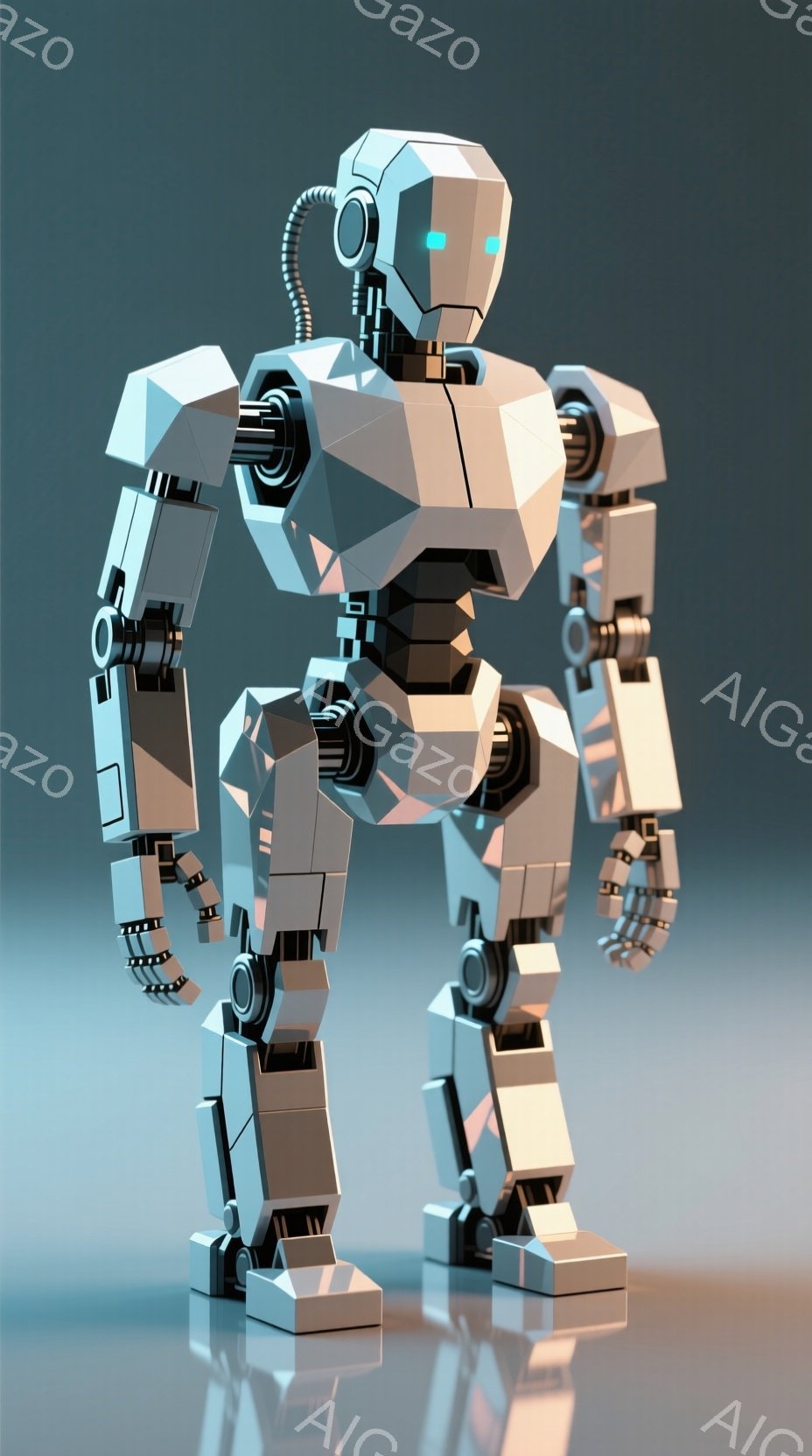 この画像は、未来的なロボットの全身像です。ロボットは幾何学的な形状で構成され、メタリックな銀色で統一されています。背景は淡いグラデーションで、ロボットの未来的なデザインを引き立てています。