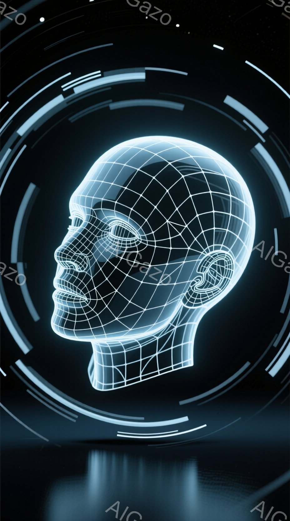 鮮やかな青色の光を放つ、人間のような頭部のワイヤーフレームモデルが描かれています。このモデルは未来的なデザインで、滑らかな表面に細かいグリッド線が走っており、頭の輪郭を強調しています。背景には、同心円状の光のリングと、ぼやけた暗い背景があり、全体的にテクノロジーと神秘的な雰囲気を醸し出しています。