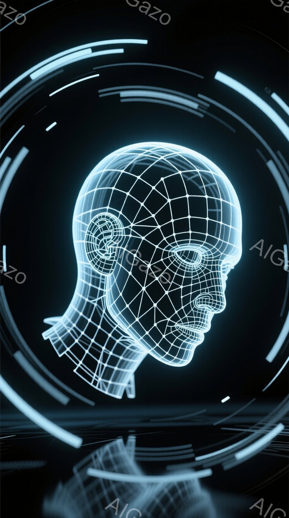 この画像は、未来的な青い光で構成された人間の頭部の側面図が描かれています。頭部はワイヤーフレーム構造で表現されており、テクノロジーと人間性の融合を示唆しています。背景には、青い光の円と線が放射状に広がり、サイバー空間や仮想現実のような、デジタルな雰囲気を醸し出しています。