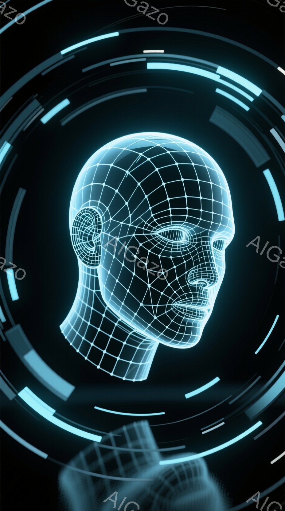 鮮やかな青色の光を放つ、網目状の頭部が描かれています。背景は暗く、頭部を中心に青い線が円を描くように配置されており、未来的な雰囲気です。全体として、テクノロジーやAIを象徴するような、デジタルなイメー - AI生成フリー素材