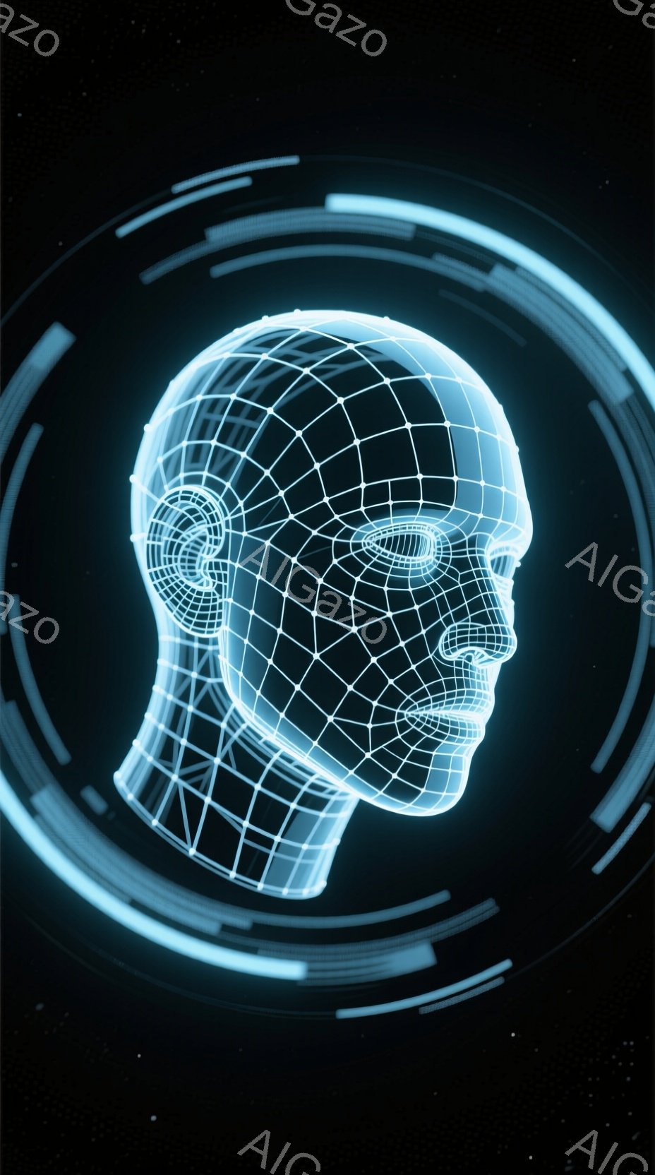 この画像は、青く光る線で構成された人間の頭部の表現です。頭部は、未来的な技術やサイバー空間を連想させるワイヤーフレームで描かれており、表情は中立的です。背景は暗闇の中に、同心円状の光のリングが配置され - AI生成フリー素材