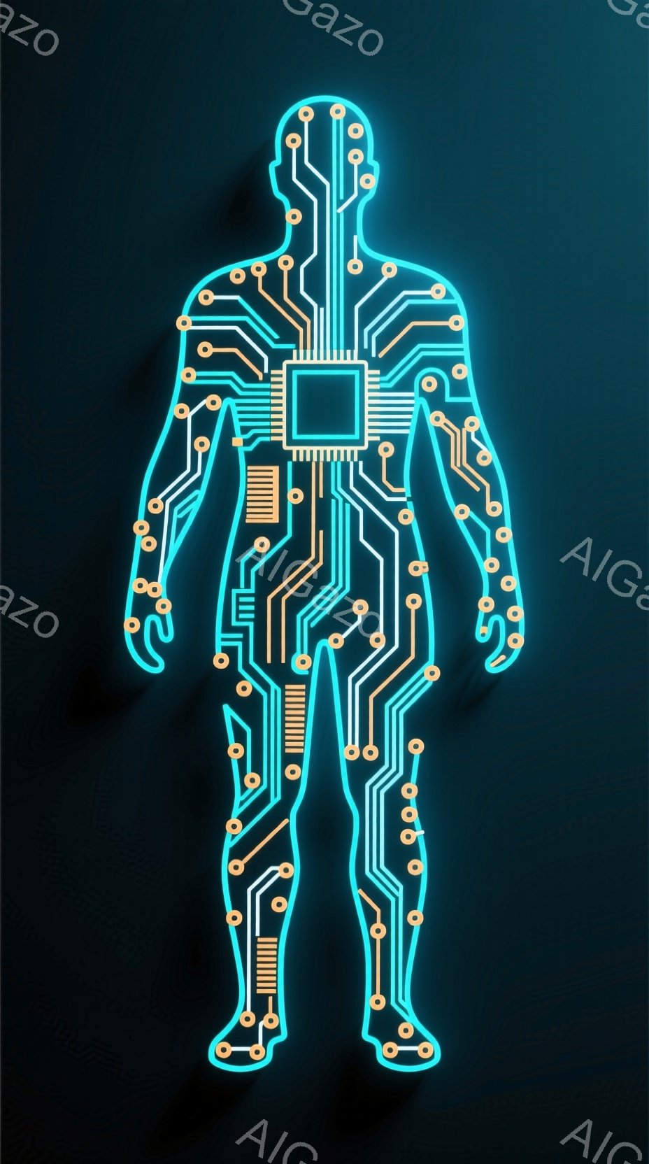 この画像は、青色に光る回路図で構成された全身のシルエットを描いています。回路は人体の各部位に沿って配置され、まるで内部構造が可視化されたかのようです。背景は暗く、回路の輝きが際立っています。