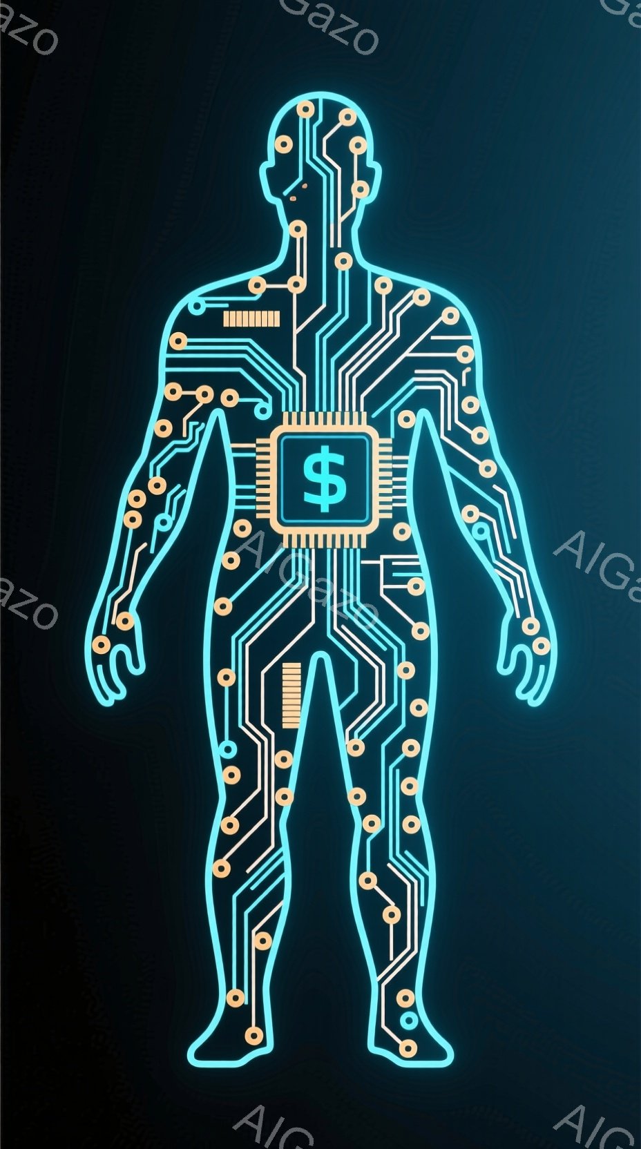 この画像は、人間のシルエットを明るい青色の電子回路で表現したものです。体幹部分には米ドル記号($)が配置されており、まるで金銭的な価値と技術が融合したような印象を与えます。背景は暗く、シルエットが際立っており、未来的な雰囲気です。