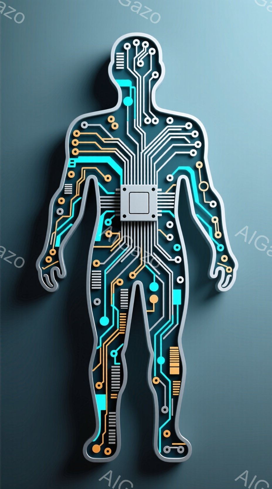 この画像は、人間のシルエットを模した電子回路の図です。青と緑の線が身体の輪郭に沿って複雑に接続され、まるで内部構造が可視化されたように見えます。背景は濃いグレーで、回路の鮮やかな色彩が際立っています。
