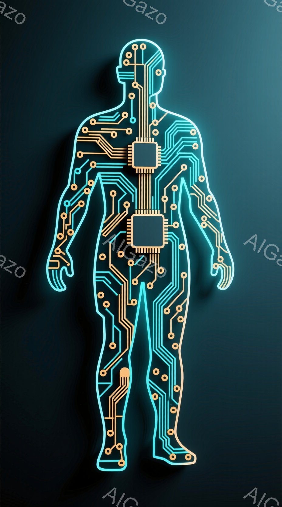 鮮やかなネオンブルーの光で描かれた人間のシルエットが、暗い青色の背景に浮かび上がっています。体全体には、複雑な回路パターンが線で描かれ、まるで内部に電子機器が組み込まれているかのような印象を与えます。このデザインは、テクノロジーと人間性の融合を象徴し、未来的な雰囲気を作り出しています。