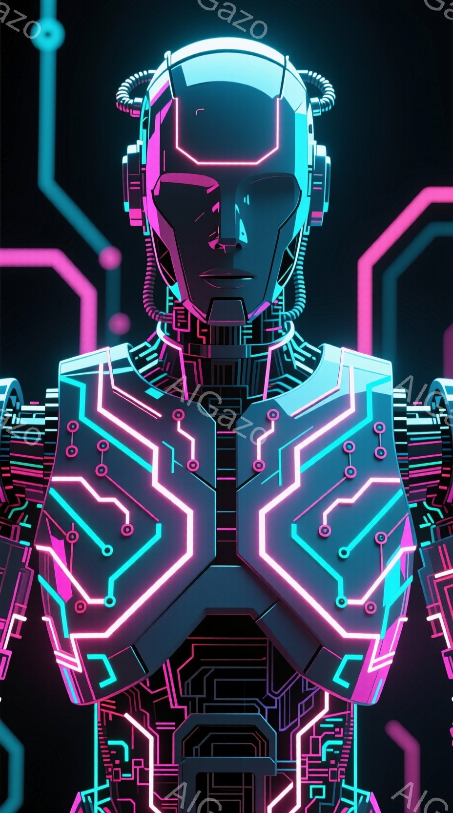 この画像は、ネオンライトで縁取られた未来的なサイボーグの胸像を描いています。複雑な回路パターンが全身を覆い、中央には発光するラインが縦に走っています。背景は暗く、回路のラインがまるで電子的な血管のように広がり、近未来的な雰囲気を作り出しています。