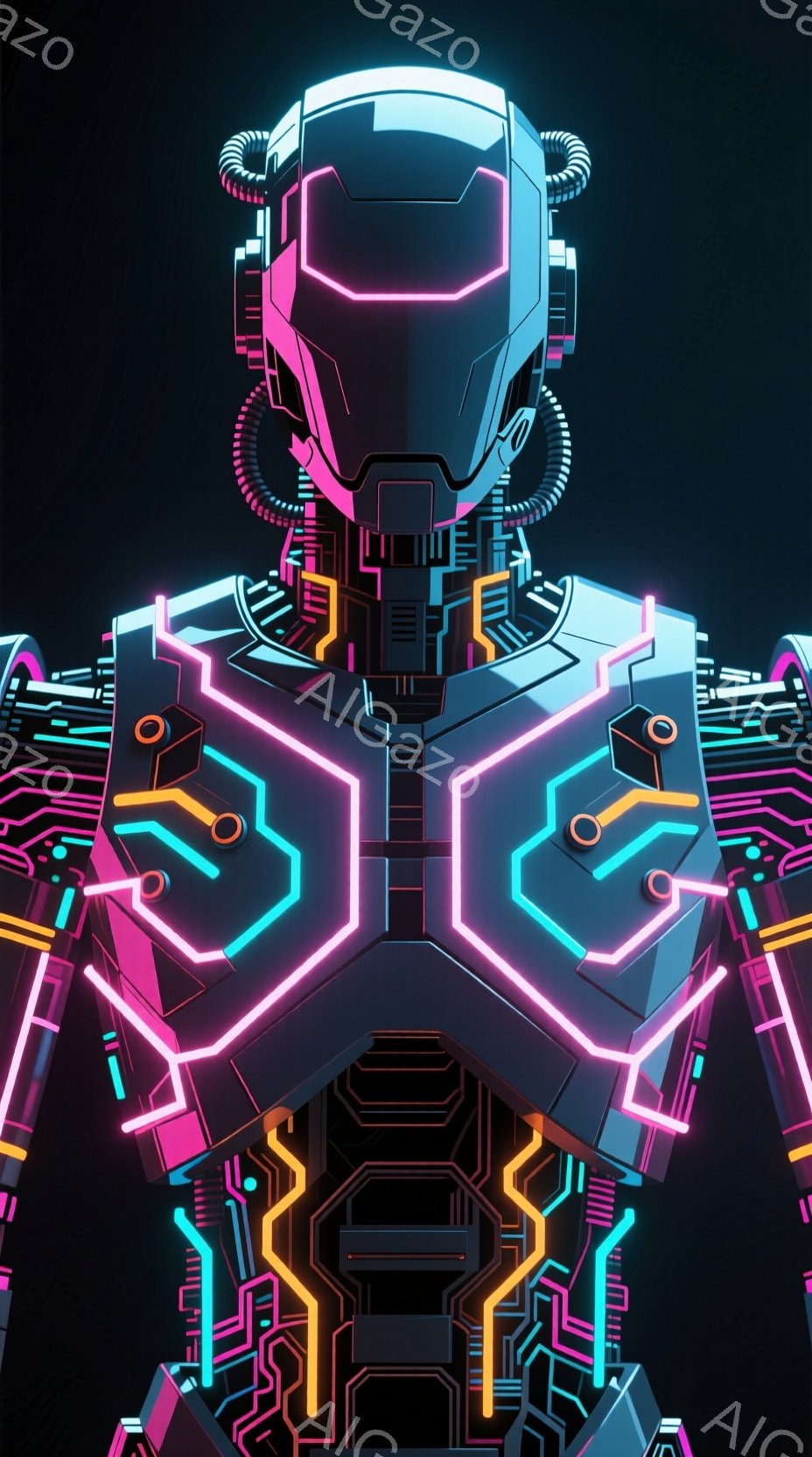 この画像は、ネオンライトで縁取られた未来的なロボットの胸部と肩部を描いています。複雑な回路模様が身体全体に走り、鮮やかなピンク、青、オレンジ色が光を放っています。黒色の背景がロボットの光を強調し、サイ - AI生成フリー素材