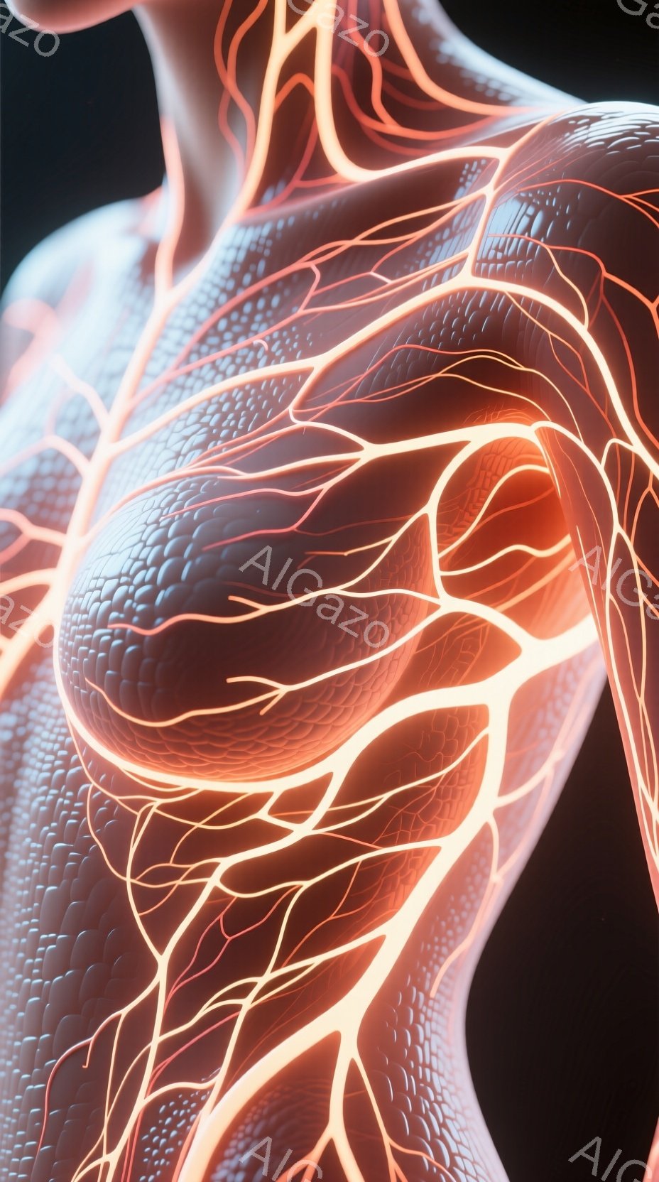 この画像は、血管が強調された人間の体の部分をクローズアップしたものです。肌は滑らかで、血管はオレンジ色に光り、まるで内部からエネルギーが流れているかのような印象を与えます。背景は暗く、血管の鮮やかさを際立たせています。