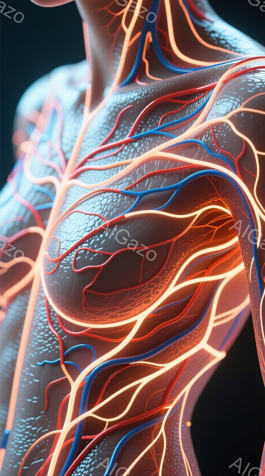 この画像は、人体の胸部と肩の一部をクローズアップしたもので、血管が赤と青の線で強調されています。血管は複雑なネットワークを形成し、まるで体内に張り巡らされた地図のようです。背景は暗く、血管の鮮やかな色が際立っています。
