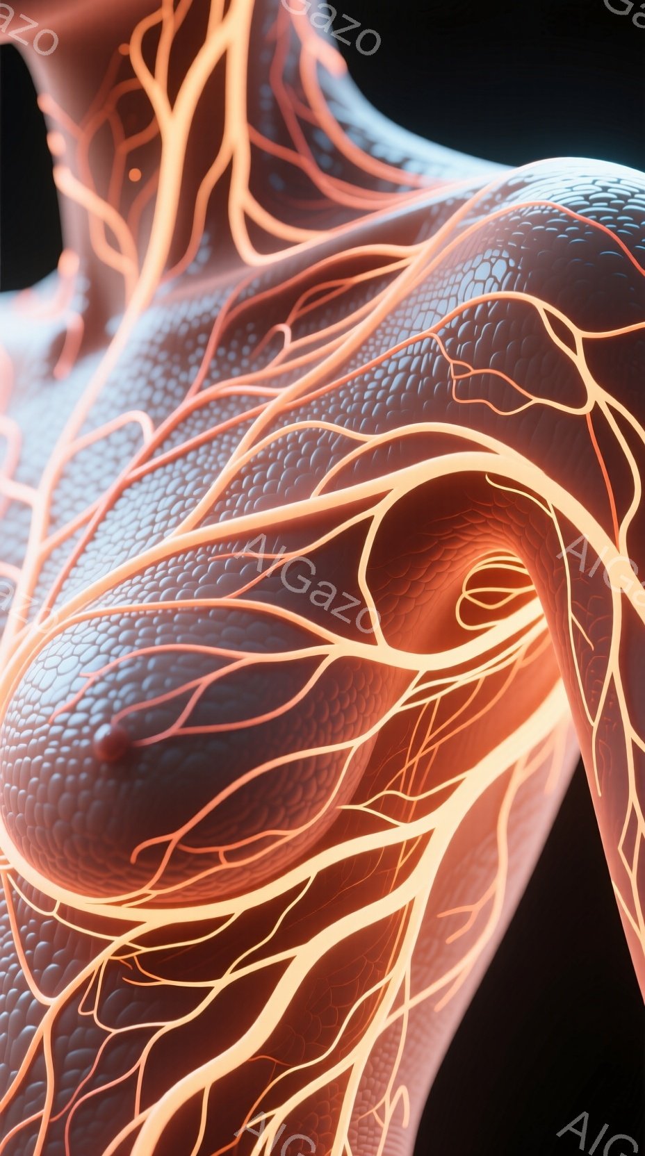 この画像は、女性の上半身の解剖学的構造を強調したものです。乳房と肩、そして血管のような線が網の目のように広がっており、生物学的、あるいは医学的なイラストレーションのようです。背景は暗く、人体構造に焦点を当てているため、静かで、研究的な雰囲気を醸し出しています。