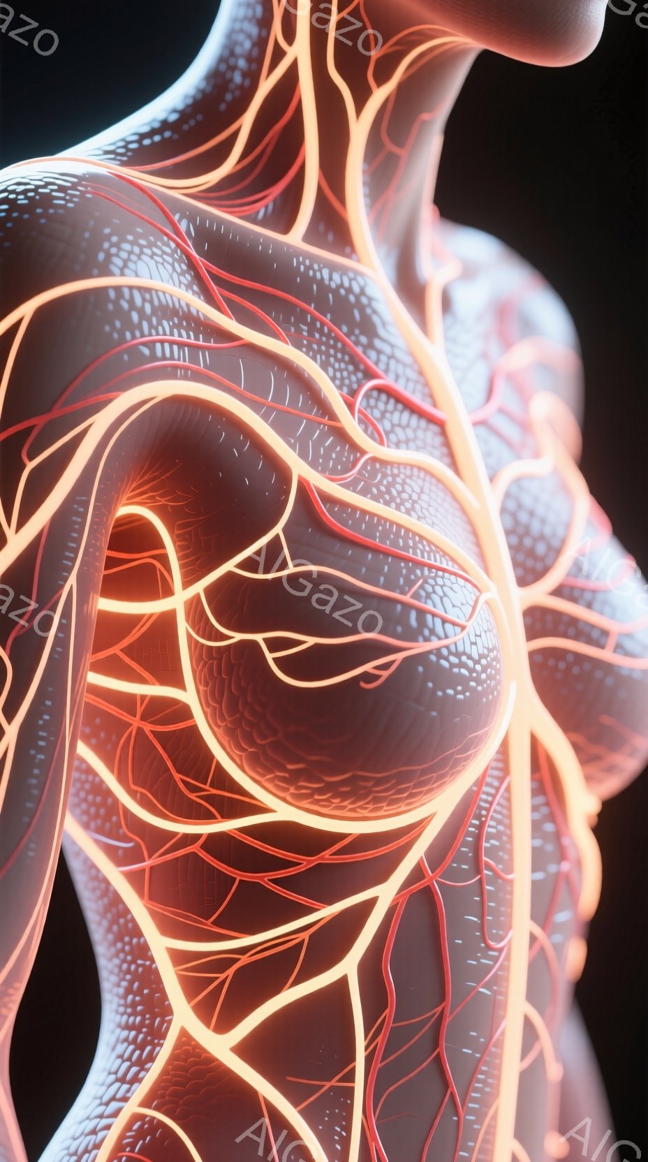 この画像は、人体の一部を強調したCGイラストレーションです。肌は滑らかで、血管が赤く光りながら複雑に描かれています。背景は暗く、人体の血管構造に焦点が当てられ、医療や解剖学的なテーマを想起させる、神秘的で科学的な雰囲気を醸し出しています。