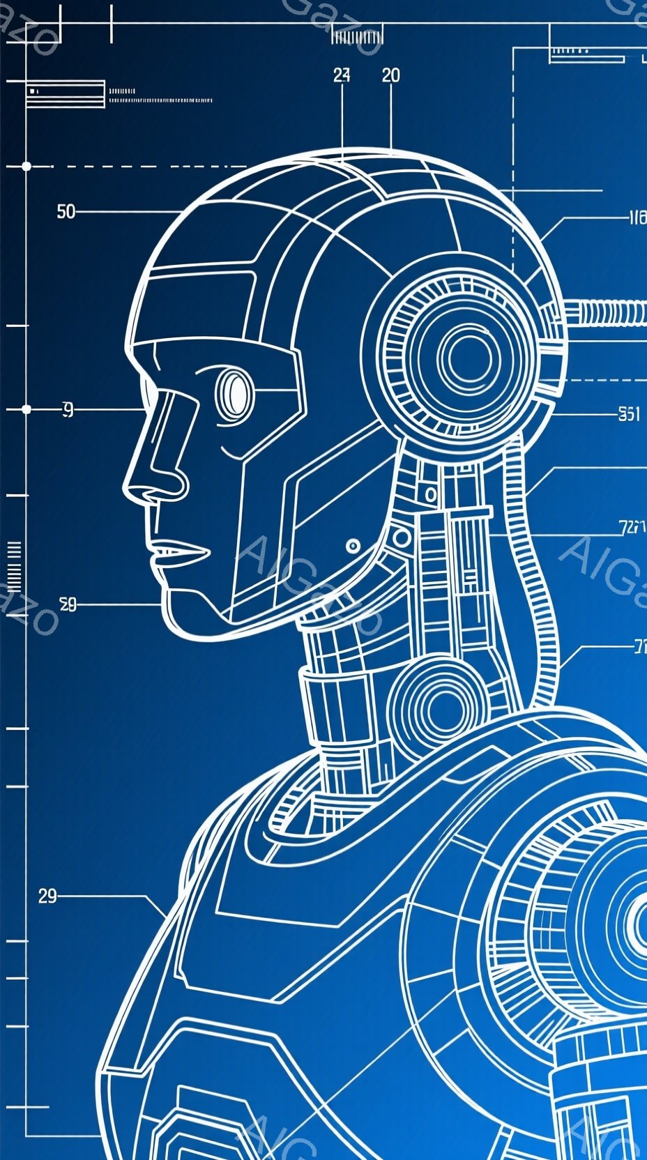 この画像は、未来的なロボットの頭部と肩部の設計図のようなものを描いています。青い背景に白い線で描かれたメカニカルな構造が詳細に表現されており、複雑な内部構造が透けて見えます。全体的にクールで技術的な雰囲気が漂い、サイエンスフィクション作品の一場面のようです。