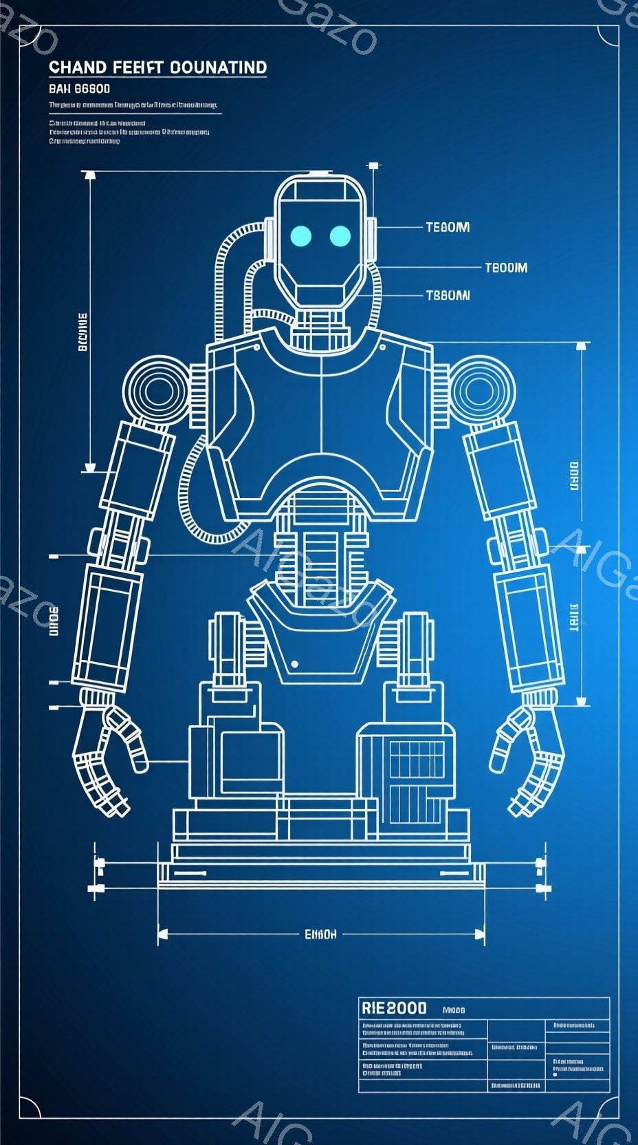 この画像は、青い線で描かれた未来的なロボットの設計図のようなものです。ロボットは全身を覆う鎧のような装甲を身に着けており、関節部分が詳細に描かれています。全体的にメカニカルで無機質な印象を受け、背景に - AI生成フリー素材