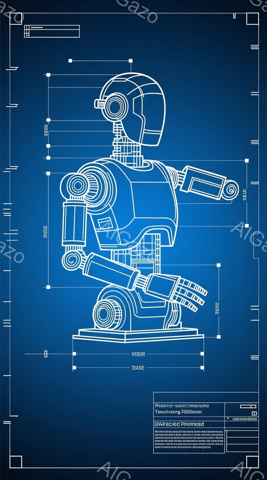この画像は、青色の背景に白い線で描かれた、未来的な宇宙飛行士の設計図のようなイラストです。ヘルメットを被り、宇宙服を着た人物は正面を向き、細部まで精密に描かれています。図面には、寸法線や文字が追加され、技術的な青写真のような印象を与えています。