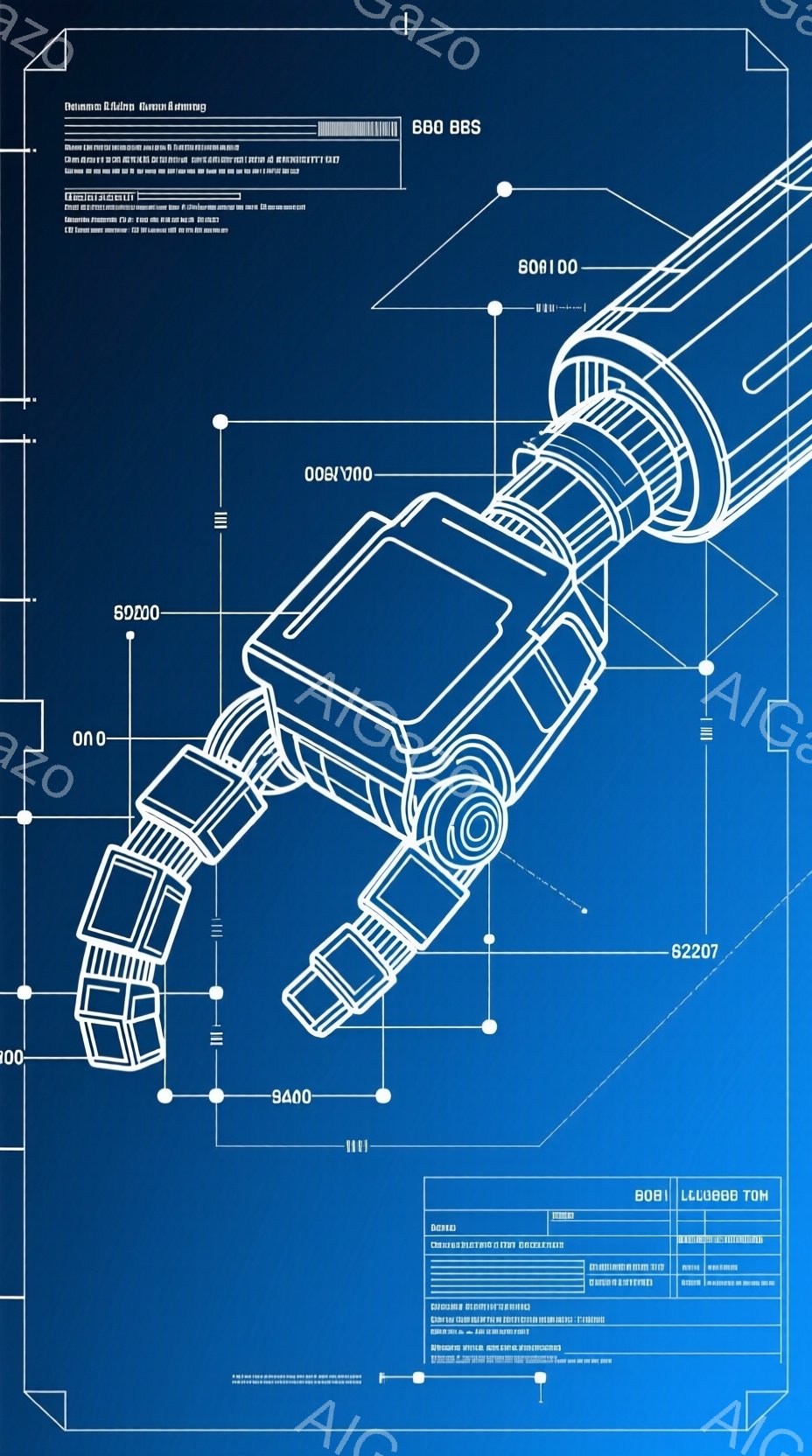 この画像は、青色の技術図面のような背景に、複雑なメカニカルな構造物が描かれています。図面には、関節のようにも見える部分や、金属製の装甲のような部分が含まれており、サイバーパンクやロボット工学を彷彿とさせます。図面全体に線や数字が散りばめられており、精密な設計図であることがわかります。
