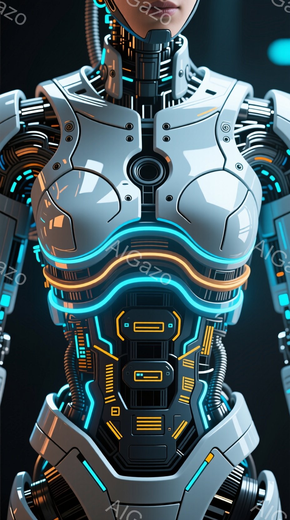 この画像は、未来的なサイバーパンク風の女性の胸から肩にかけての描写です。彼女は、複雑な配線と発光する青いラインが特徴の、高度な技術を駆使したボディアーマーを着用しています。全体的にクールでメタリックな - AI生成フリー素材